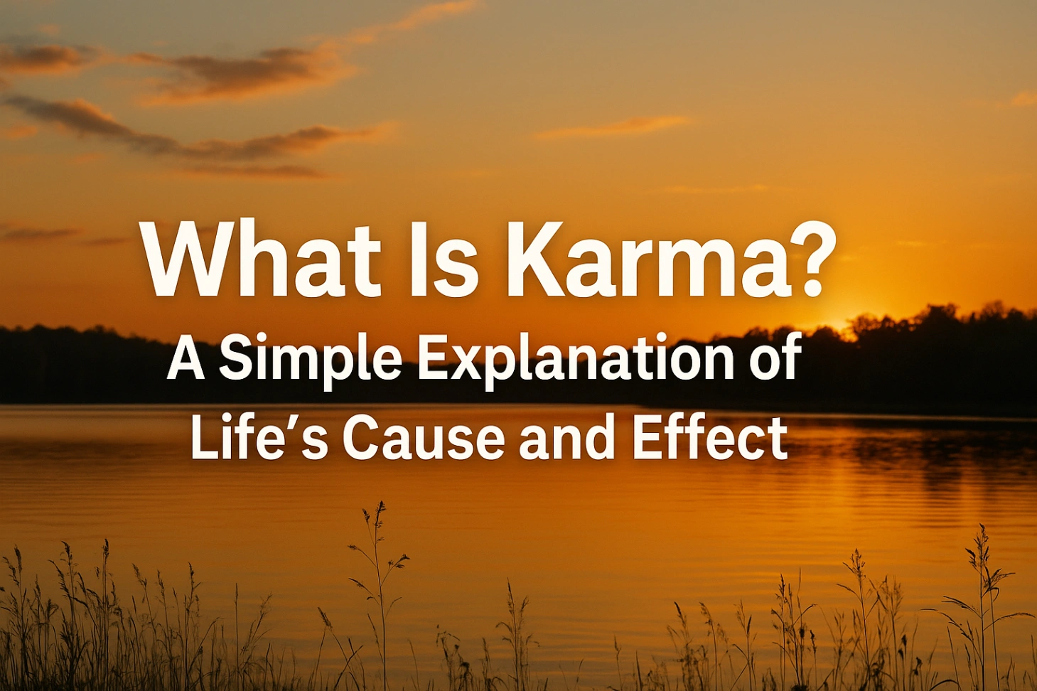 A serene sunset over a calm lake with golden-orange sky, distant tree silhouettes, and soft reflections on the water, featuring centered text that reads “What Is Karma? A Simple Explanation of Life’s Cause and Effect.”