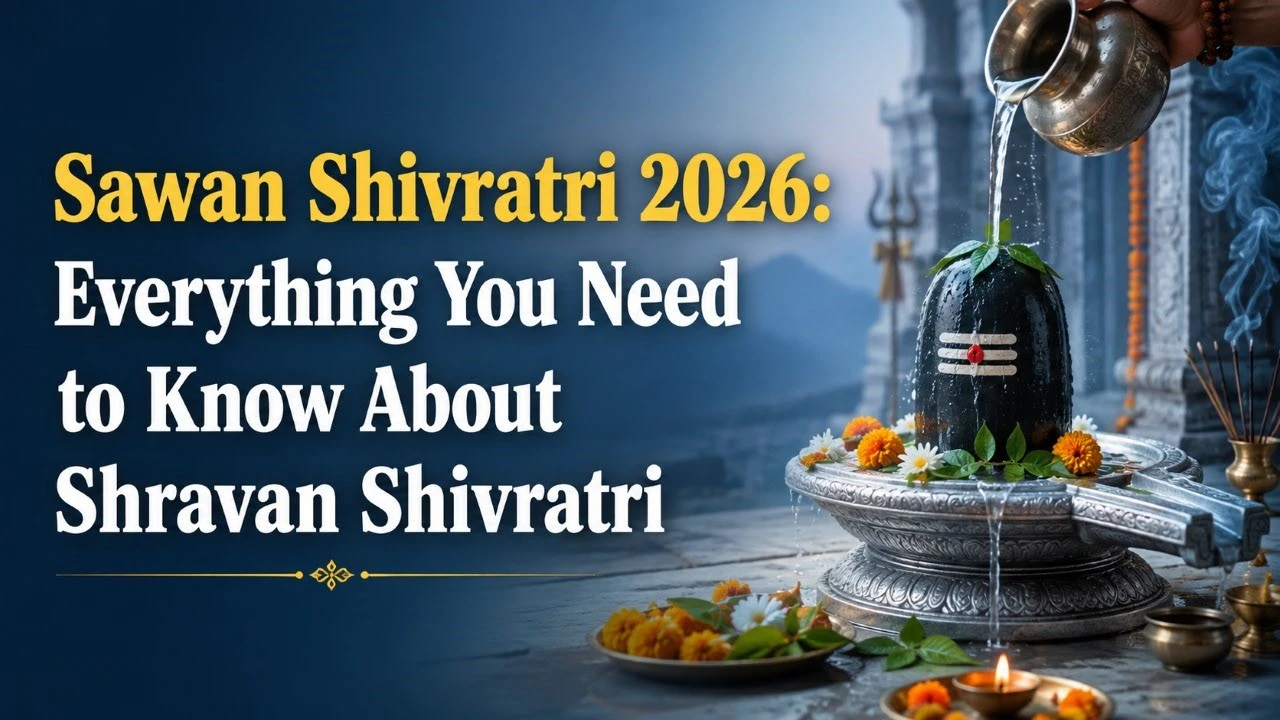Sawan Shivratri 2026 banner featuring a Shiva Lingam with Jalabhishek, Bilva leaves, flowers, diya, and the title “Everything You Need to Know About Shravan Shivratri.”