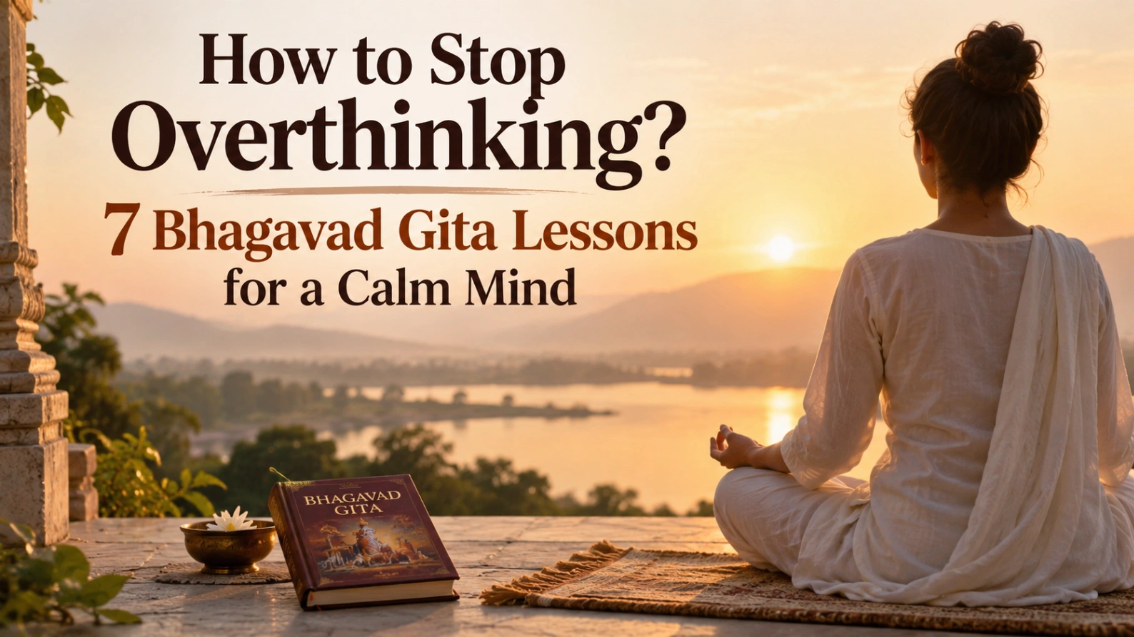 Woman meditating at sunrise beside the Bhagavad Gita, illustrating how to stop overthinking with 7 Bhagavad Gita lessons for a calm mind.