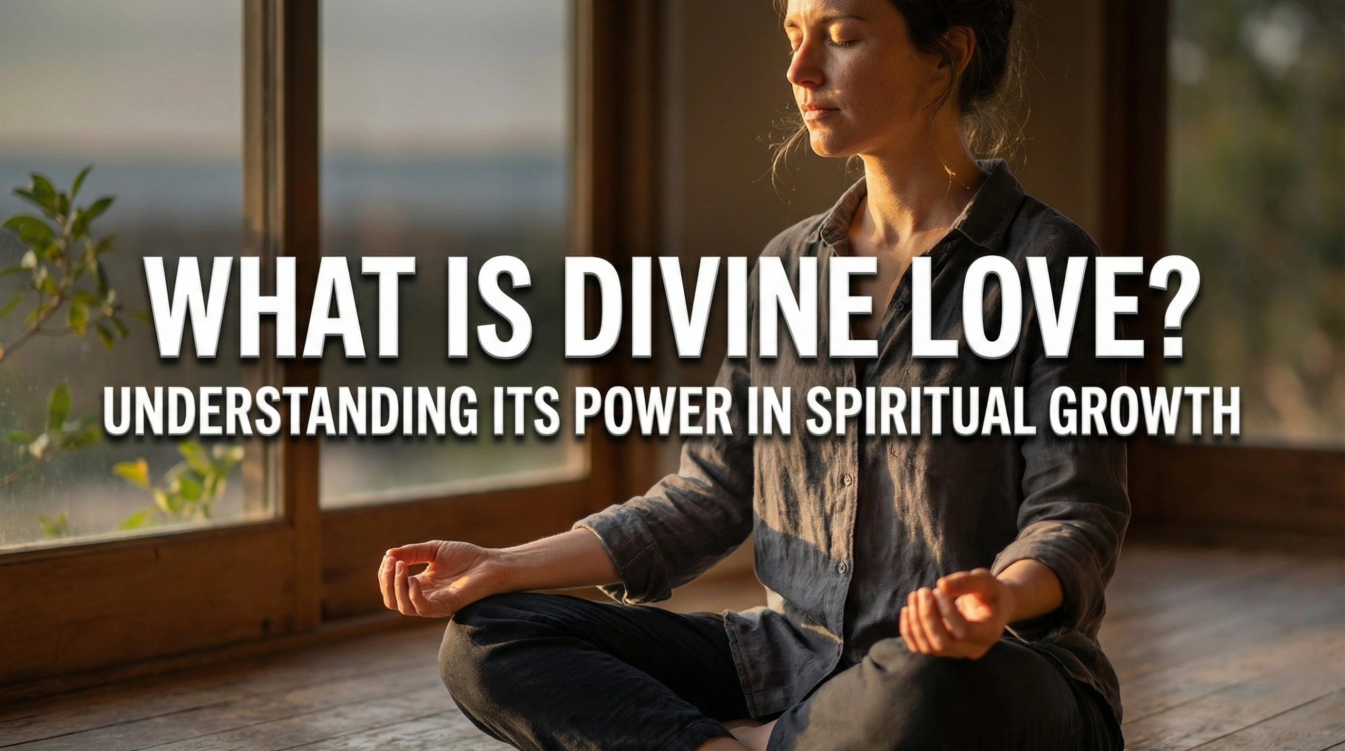 A photorealistic, cinematic image of a serene person sitting in a meditation posture near a large window, bathed in warm golden sunrise light. The background is softly blurred. Large, bold white text overlaid on the image reads: “WHAT IS DIVINE LOVE? UNDERSTANDING ITS POWER IN SPIRITUAL GROWTH”.