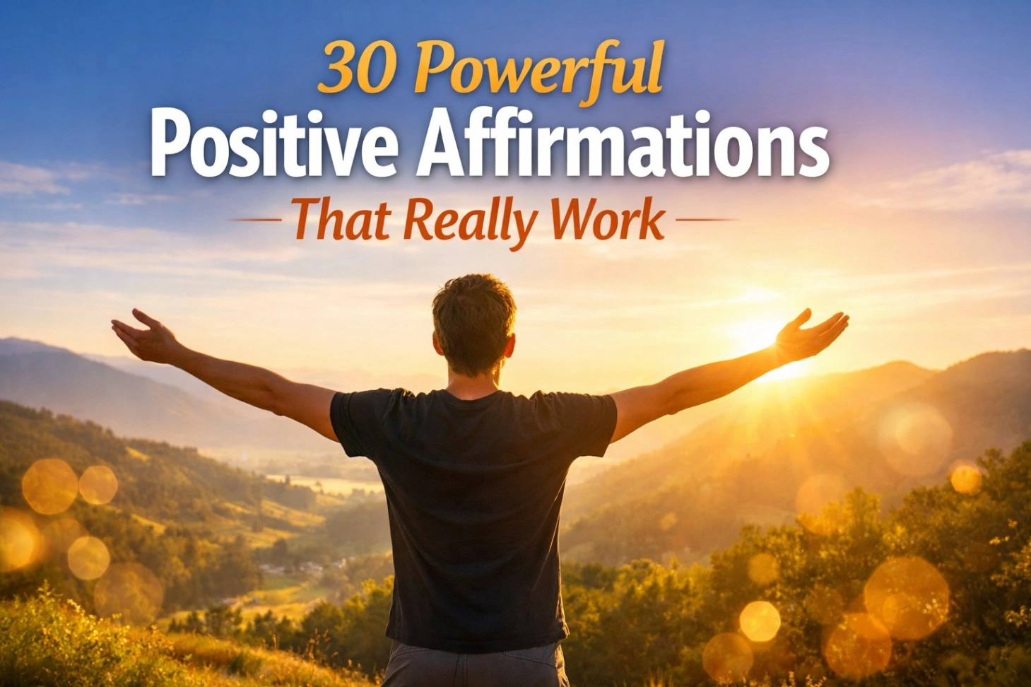 “Person standing on a hilltop with arms open during sunrise, surrounded by mountains and nature, with bold text overlay: ‘30 Powerful Positive Affirmations That Really Work’.”