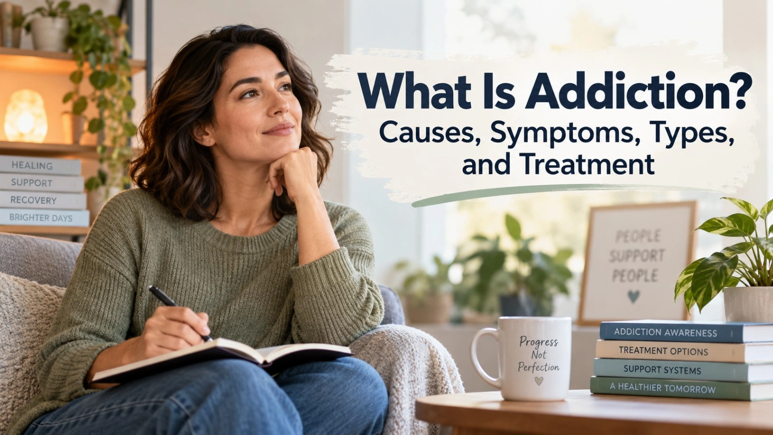 Addiction awareness image showing a woman reflecting and journaling in a calm setting with recovery, support and treatment themes.