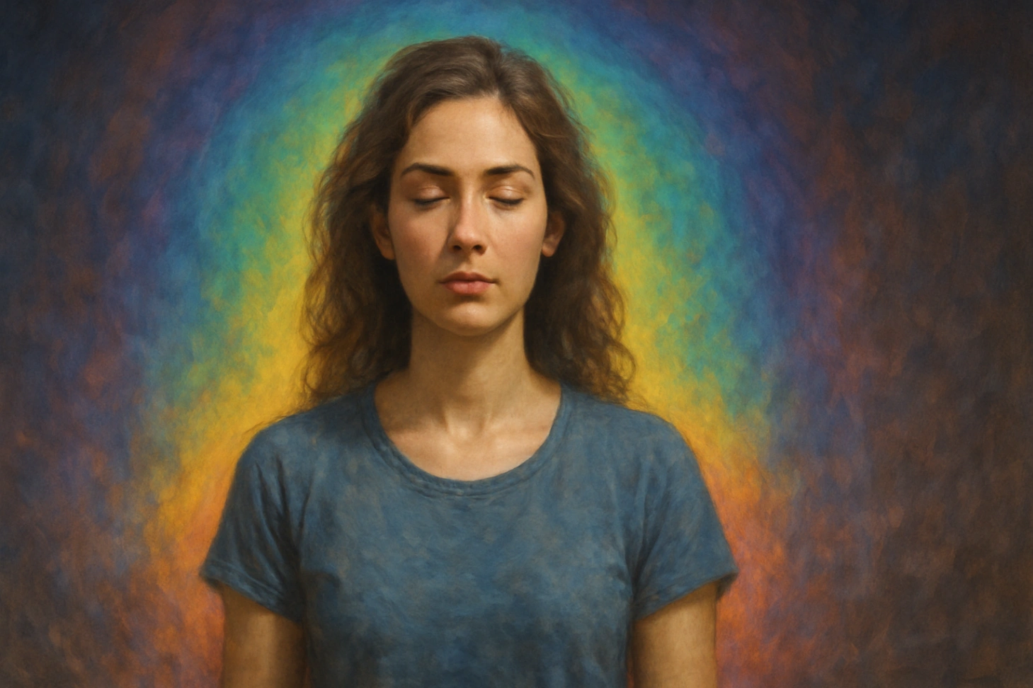 A realistic digital illustration of a peaceful woman with her eyes closed, surrounded by a glowing multicolored aura in shades of blue, yellow, and orange, symbolizing spiritual energy and healing.