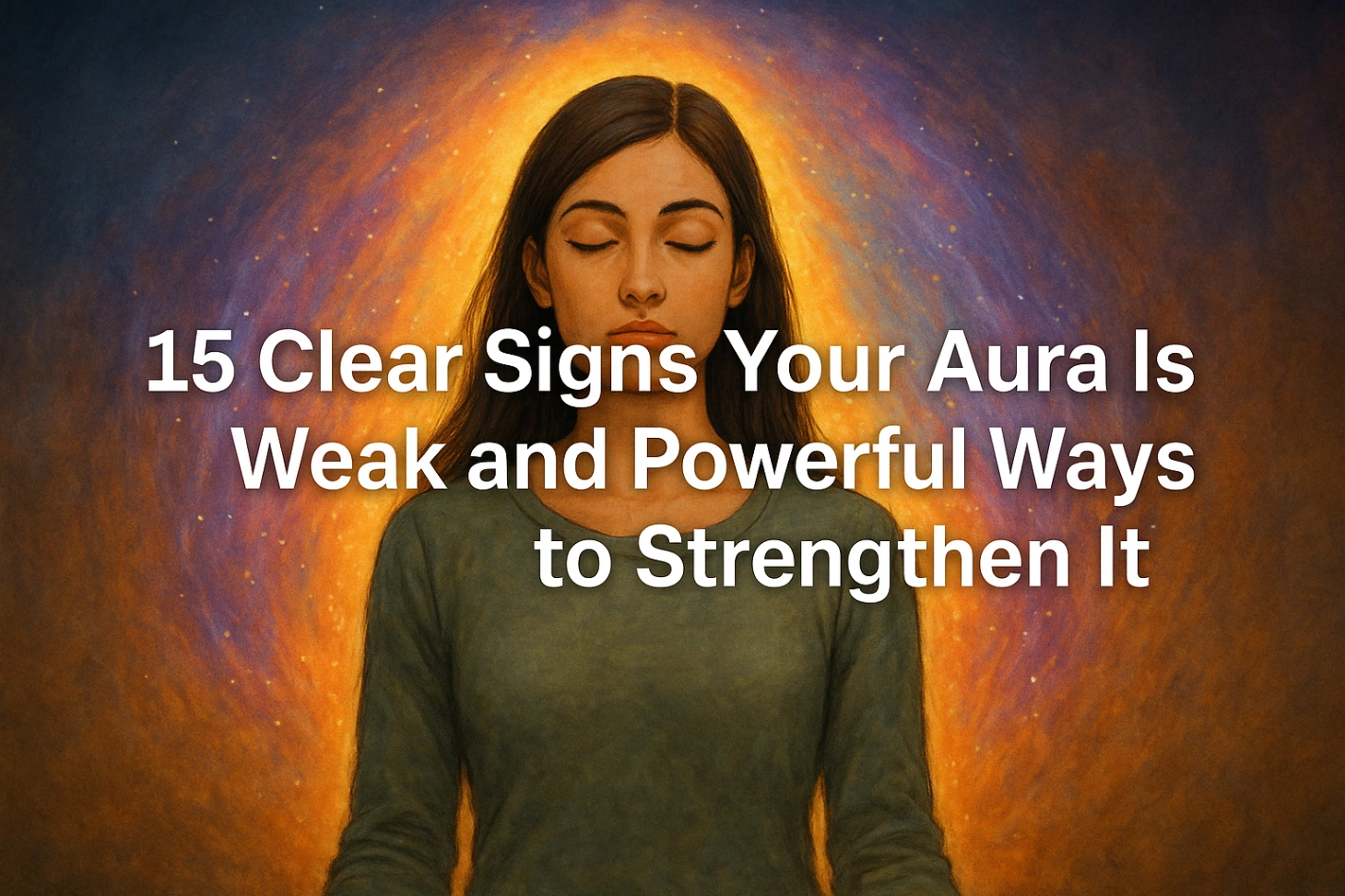 A realistic digital illustration of a woman with her eyes closed, surrounded by a glowing multicolored aura, with the title “15 Clear Signs Your Aura Is Weak and Powerful Ways to Strengthen It” displayed in the center.