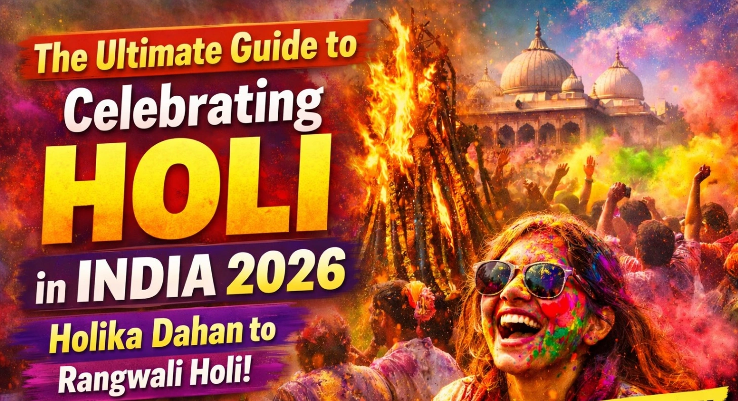 High-CTR Holi 2026 thumbnail featuring a vibrant crowd celebrating with colorful gulal, a large Holika Dahan bonfire blazing in the center, a smiling woman covered in bright colors wearing sunglasses, and bold text reading “Ultimate Guide to Holi in India 2026 – Holika Dahan to Rangwali Holi – Must See!” in bright yellow and purple tones.