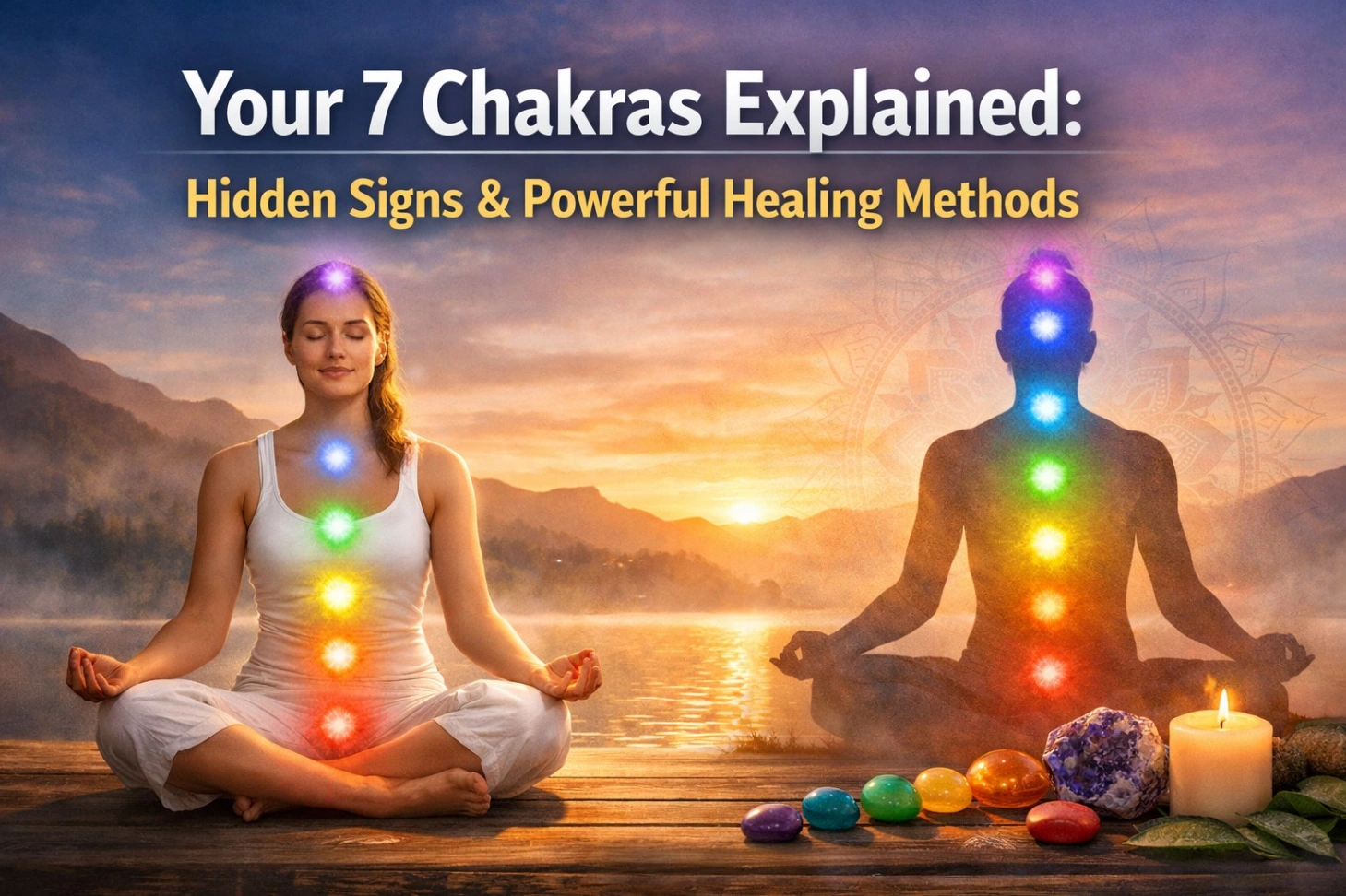 Meditation-themed image showing a calm woman sitting in lotus pose with glowing 7 chakras aligned along her body, alongside a silhouetted figure with chakra lights, set against a serene sunset background with crystals and a candle. Bold title reads “Your 7 Chakras Explained: Hidden Signs & Powerful Healing Methods.”