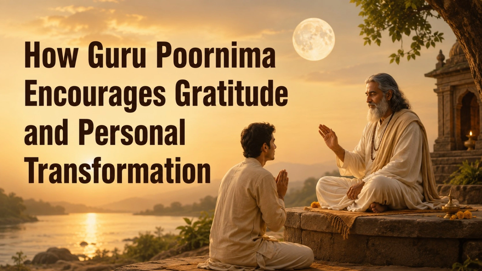 Guru Poornima scene featuring a spiritual teacher blessing a devoted disciple beside a serene river at sunset, with a glowing full moon and the bold title “How Guru Poornima Encourages Gratitude and Personal Transformation.”