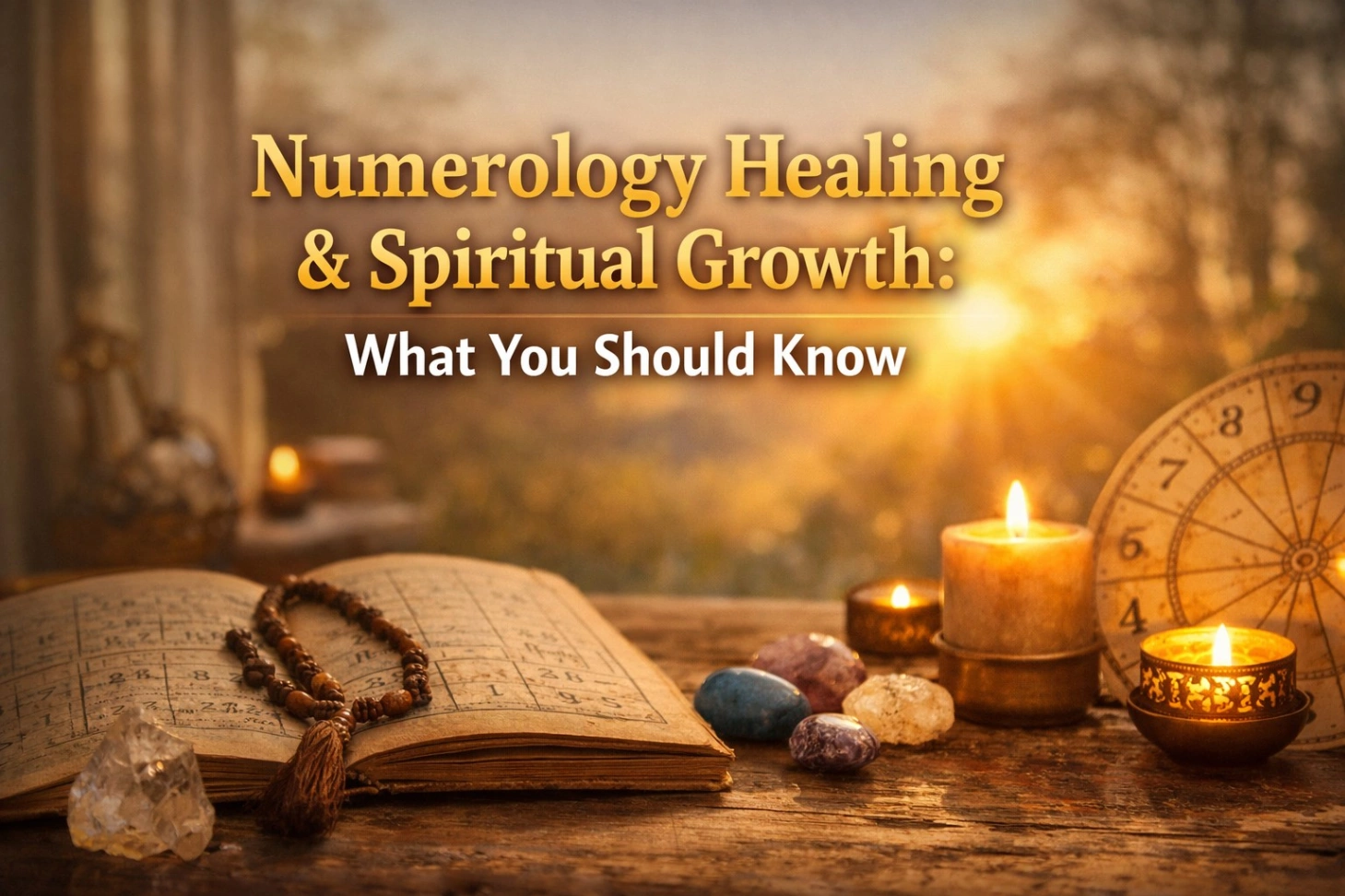 Numerology Healing and Spiritual Growth thumbnail showing bold title over a warm, realistic spiritual setup with numerology charts, candles, crystals, and golden sunlight, symbolizing energy alignment, manifestation, and inner transformation.