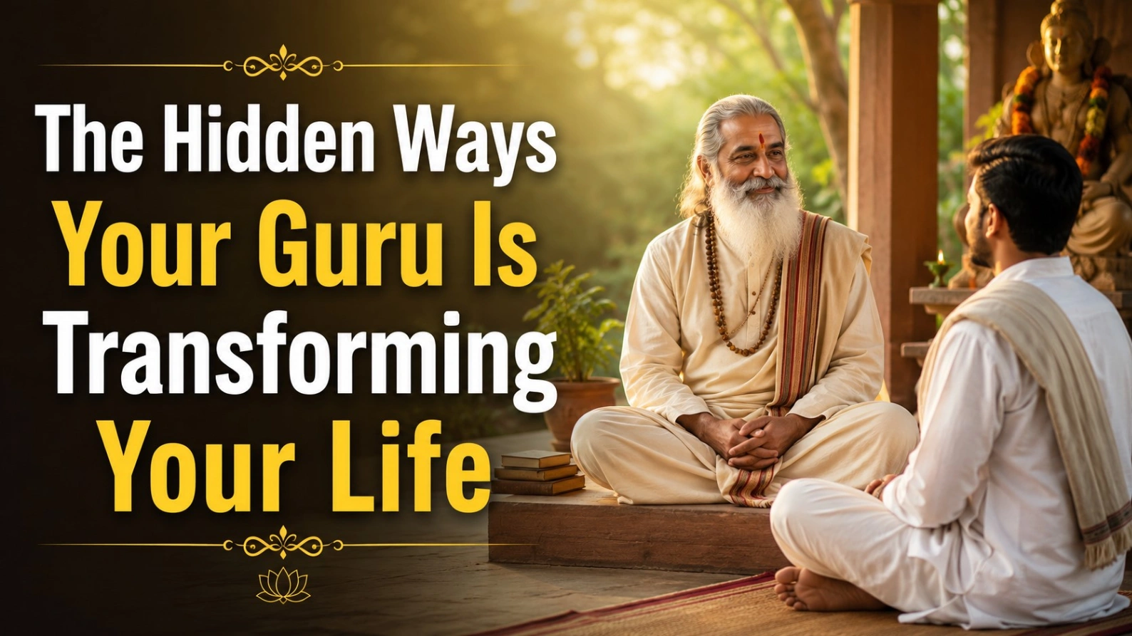 Realistic spiritual scene of a serene Guru guiding a disciple in a peaceful ashram, with the bold title “The Hidden Ways Your Guru Is Transforming Your Life.”