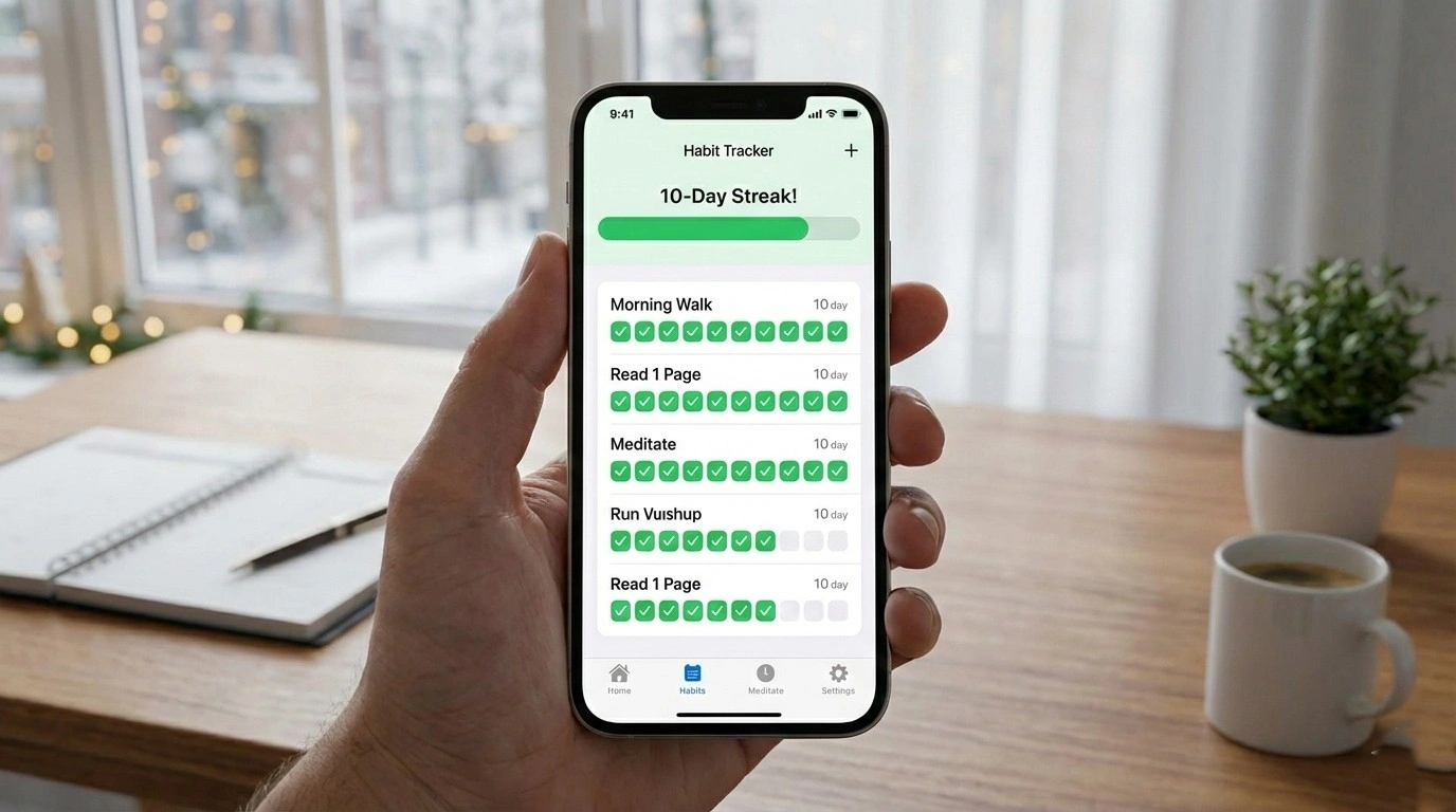 Close-up of a hand holding a smartphone displaying a habit tracker app with a