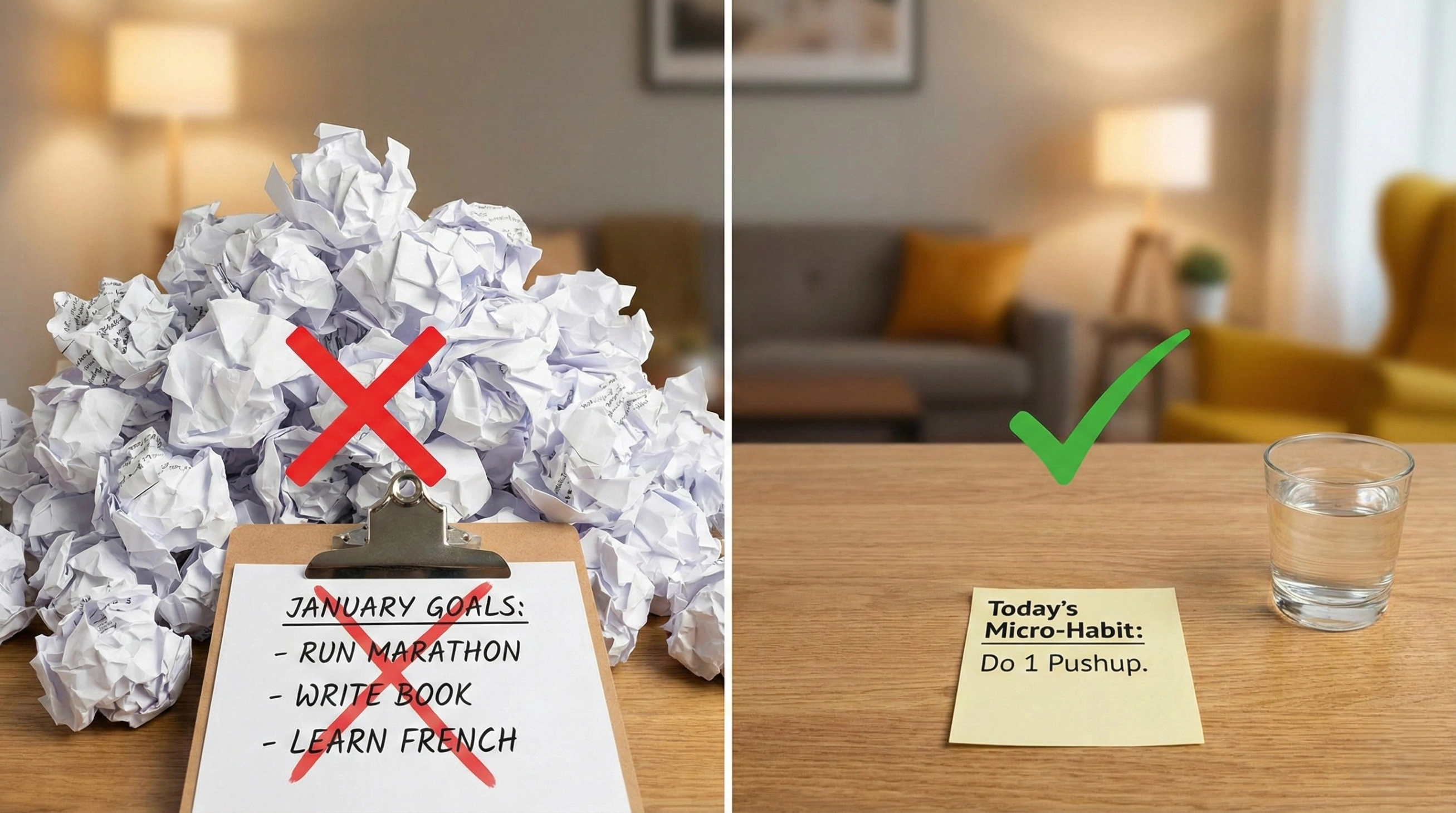 Split-screen comparison showing a pile of failed, ambitious January resolutions with a red X on the left, and a simple, achievable micro-habit on a sticky note with a green checkmark on the right.