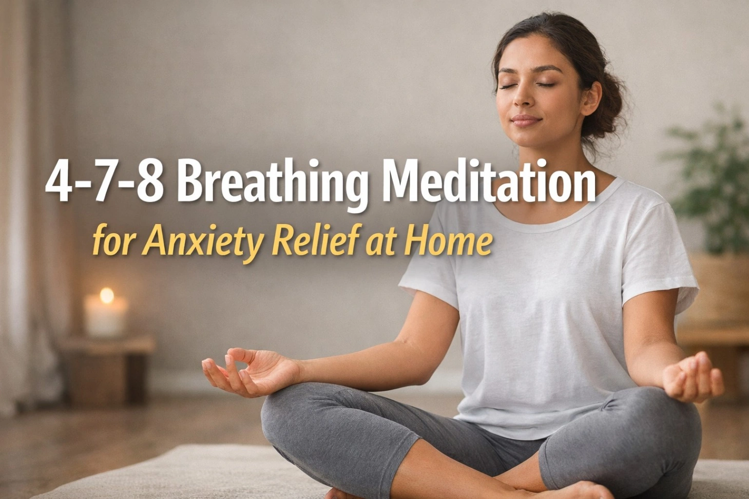 A calm young woman sitting cross-legged at home practicing meditation with eyes closed, softly lit room with a candle in the background, featuring bold text overlay “4-7-8 Breathing Meditation for Anxiety Relief at Home.”