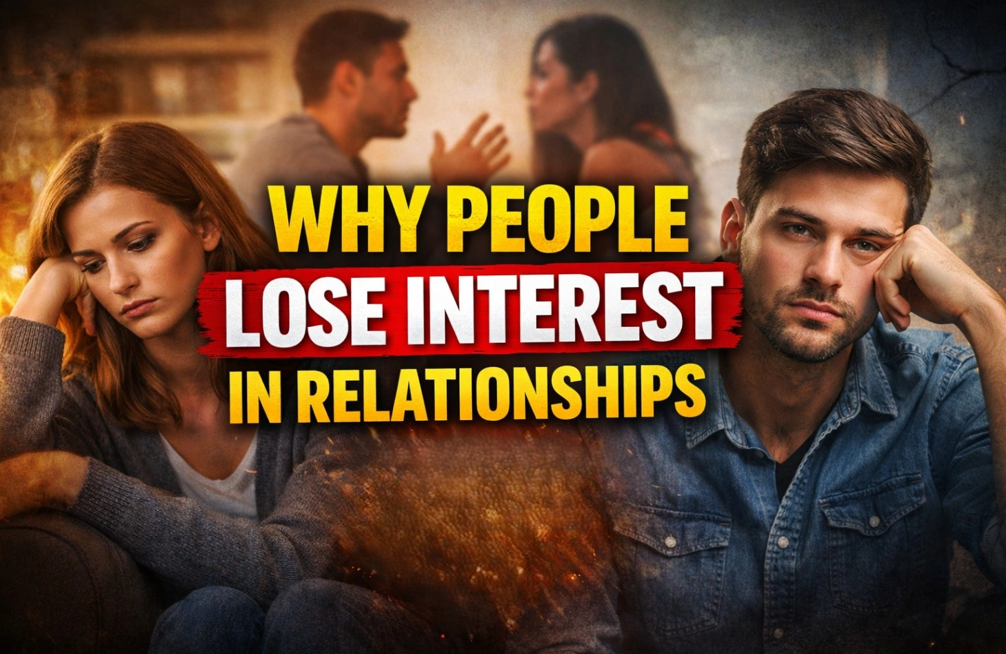 A realistic 16:9 thumbnail showing a sad couple sitting apart with a cracked glowing heart in the center, featuring bold text “Why People Lose Interest in Relationships” highlighting emotional distance and relationship struggles.