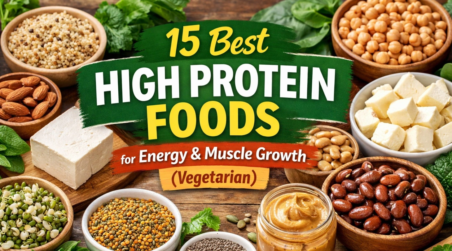 Realistic 16:9 thumbnail showing a variety of vegetarian high protein foods arranged on a wooden table, including paneer cubes, tofu, chickpeas, rajma, lentils, quinoa, almonds, chia seeds, pumpkin seeds, peanut butter, sprouts, and spinach, with bold text reading “15 Best High Protein Foods for Energy & Muscle Growth (Vegetarian)” in vibrant green and yellow typography.
