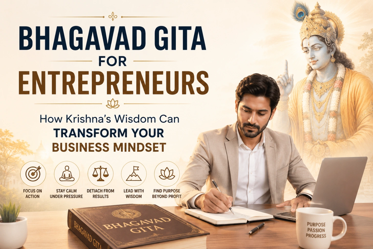 Entrepreneur working with Bhagavad Gita wisdom and Lord Krishna guidance, symbolizing business mindset, leadership, purpose, and success.