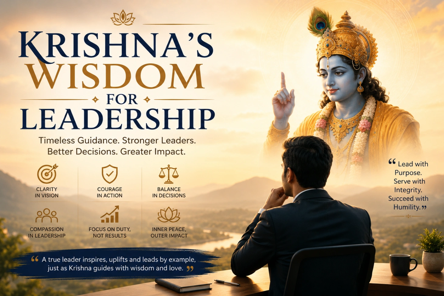 Lord Krishna guiding a modern leader with wisdom, clarity, courage, balance, and purpose in a peaceful mountain setting.