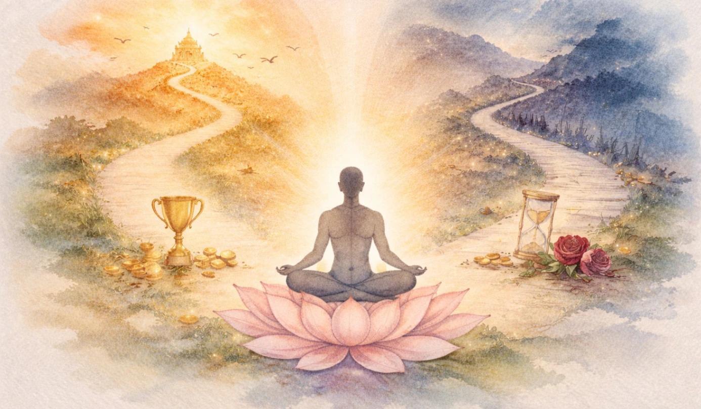Soft watercolor spiritual illustration of a meditating figure seated on a blooming lotus, radiating golden light, with two contrasting paths behind — one leading to a sunlit temple with a trophy and coins symbolizing success, and the other to a darker landscape with an hourglass and fading roses symbolizing failure — representing balance and equanimity in success and failure.