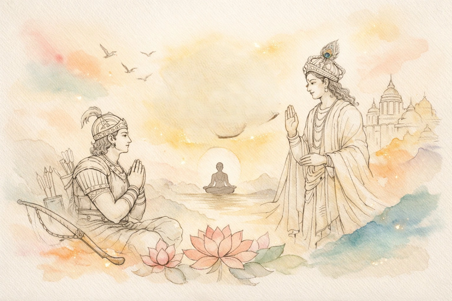 Soft watercolor spiritual line art illustration of Lord Krishna guiding Arjuna, symbolizing career and detachment, with a balanced scale, lotus flowers, and a serene meditating figure in warm saffron, teal, pink, and indigo tones on textured paper background.
