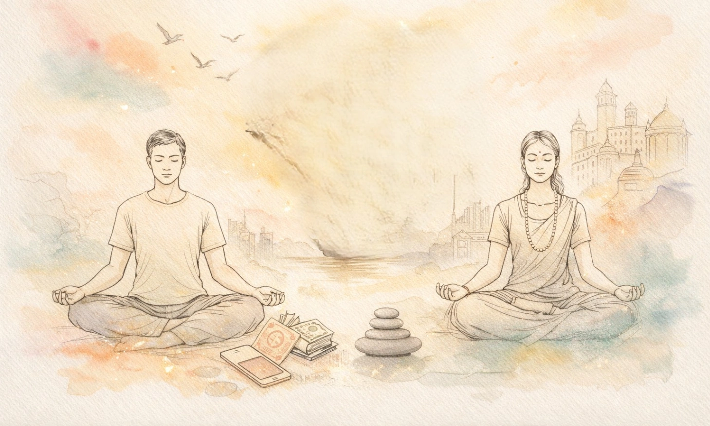 Minimal soft watercolor spiritual line art illustration of a man and woman meditating in daily life, with a balanced scale symbolizing career and detachment, lotus flower, books, money, smartphone, stacked stones, and a subtle cityscape in saffron, teal, pink, and indigo tones on textured paper background.