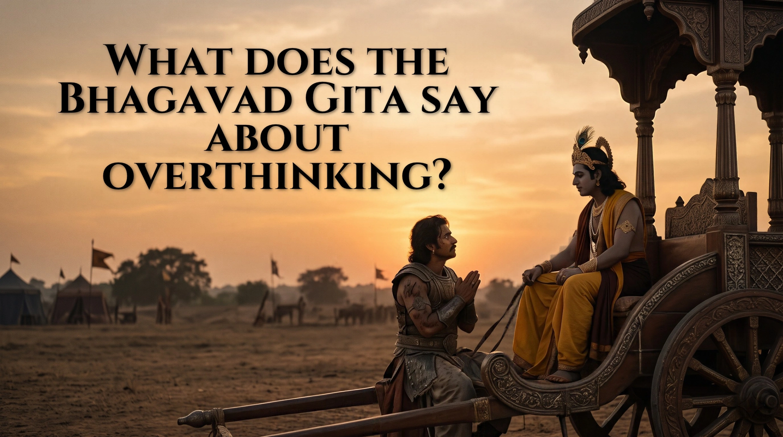 Lord Krishna guiding Arjuna through the Bhagavad Gita, symbolising wisdom for a restless mind, overcoming overthinking, practising detachment, and finding inner peace.