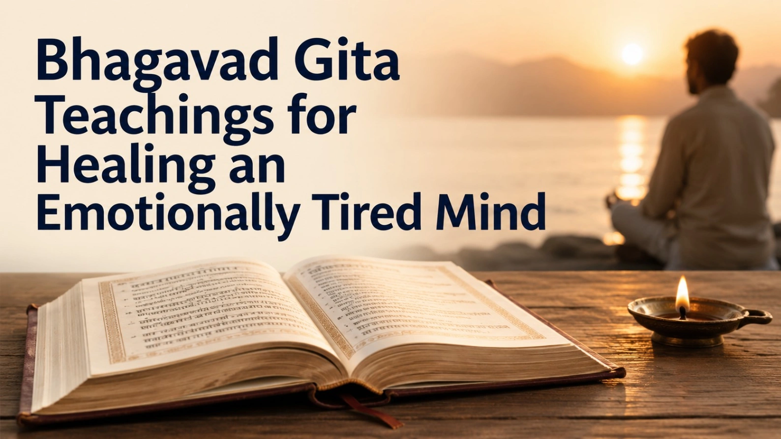 Open Bhagavad Gita on a wooden table beside a glowing diya, with a person meditating near a peaceful lake at sunset and the title “Bhagavad Gita Teachings for Healing an Emotionally Tired Mind” in bold text.