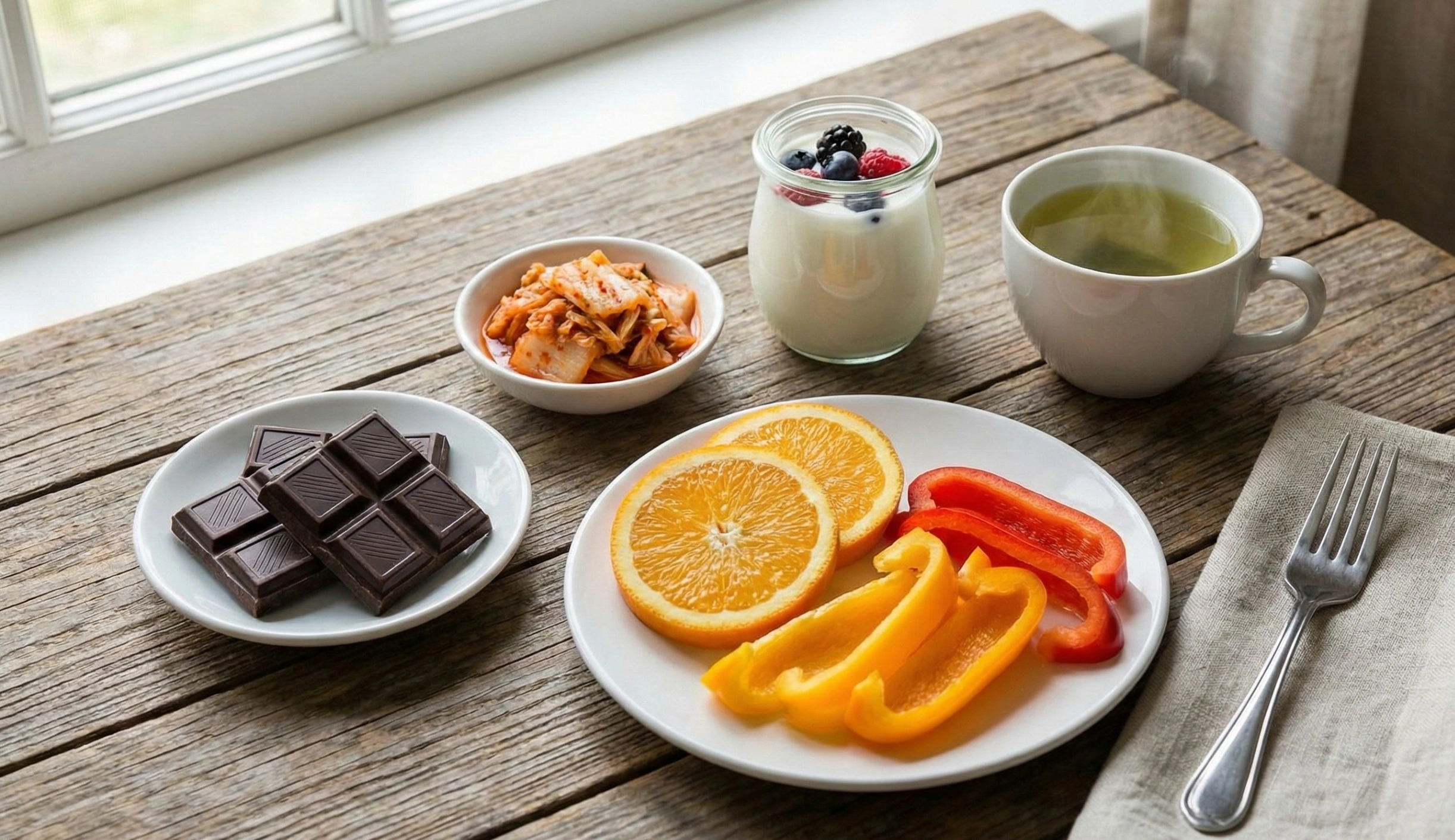 Flat lay of cortisol-lowering foods on a rustic wooden table, including dark chocolate squares, a bowl of kimchi, Greek yogurt with berries, green tea, and sliced oranges and bell peppers.