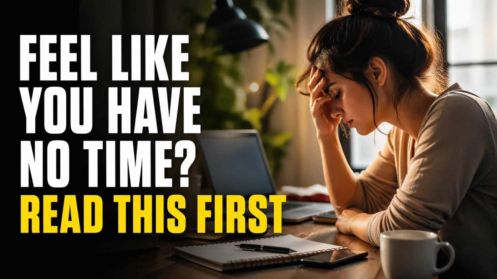A realistic and minimal 16:9 image showing a person sitting overwhelmed at a desk with a clock and scattered papers, symbolizing lack of time and stress, with bold title text “Feel Like You Have No Time? Read This First” prominently displayed.