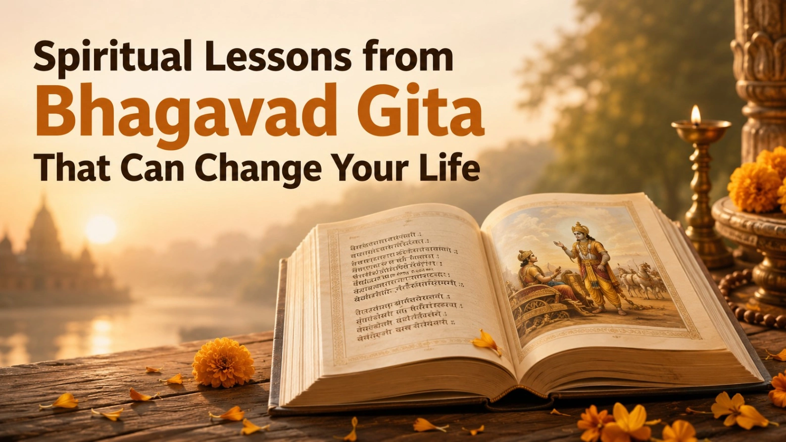 A warm and realistic 16:9 spiritual banner featuring an open Bhagavad Gita on a wooden table at sunrise, with marigold flowers, scattered petals, and a lit brass diya beside it. In the background, a soft temple silhouette and glowing river create a peaceful atmosphere. Bold text reads, “Spiritual Lessons from Bhagavad Gita That Can Change Your Life.”