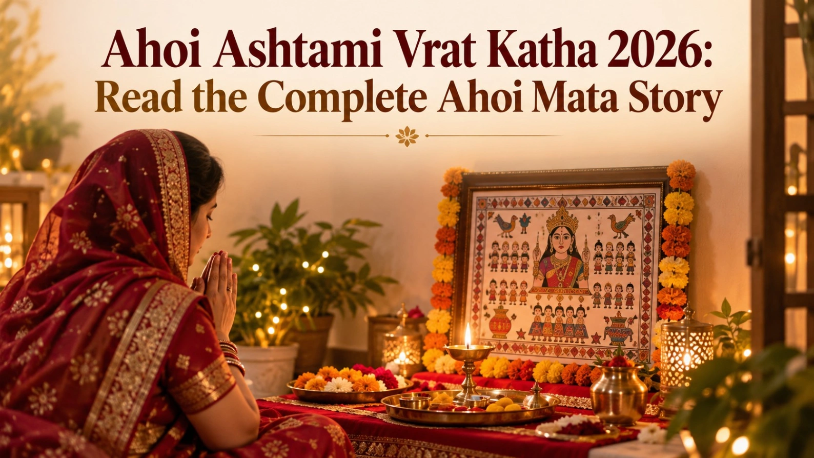 Ahoi Ashtami Vrat Katha 2026 with a mother praying before Ahoi Mata, lit diya, flowers and traditional puja offerings for children’s well-being.