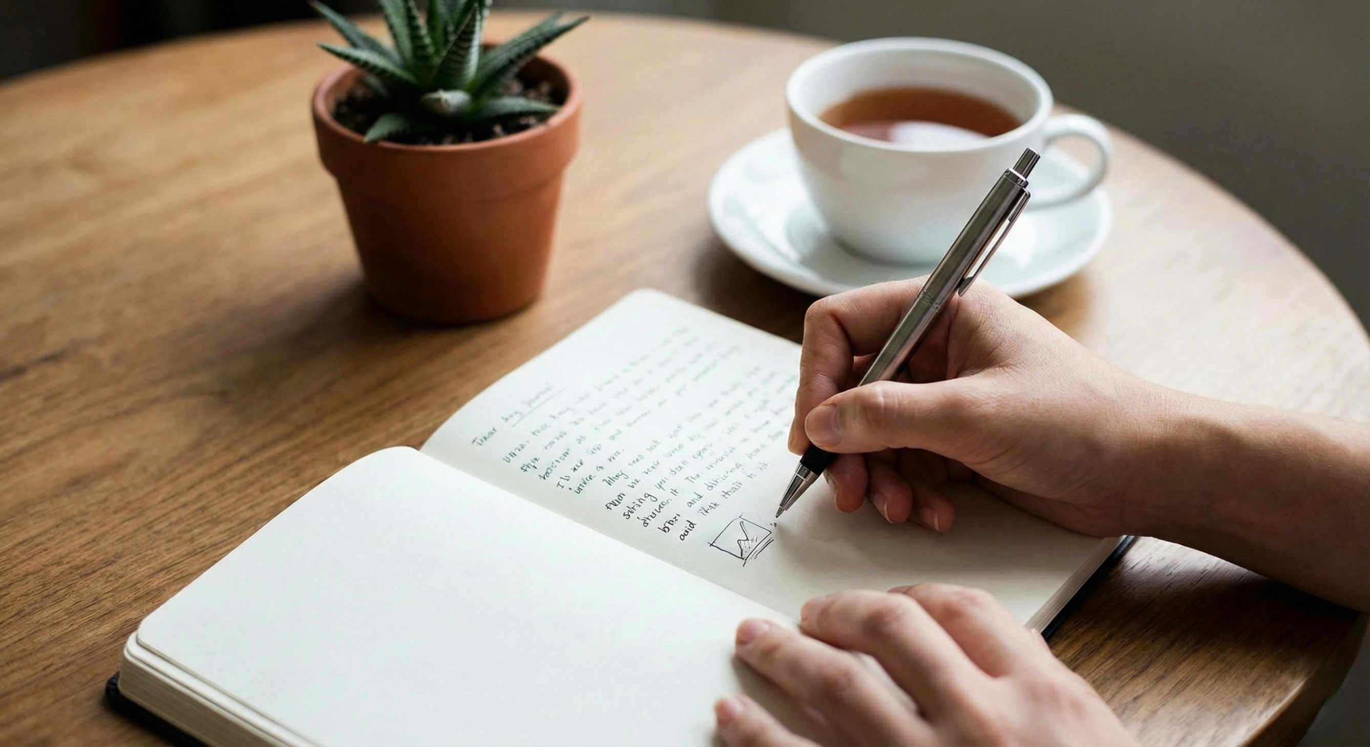 A person writing and sketching in a journal as a creative outlet to process emotions.