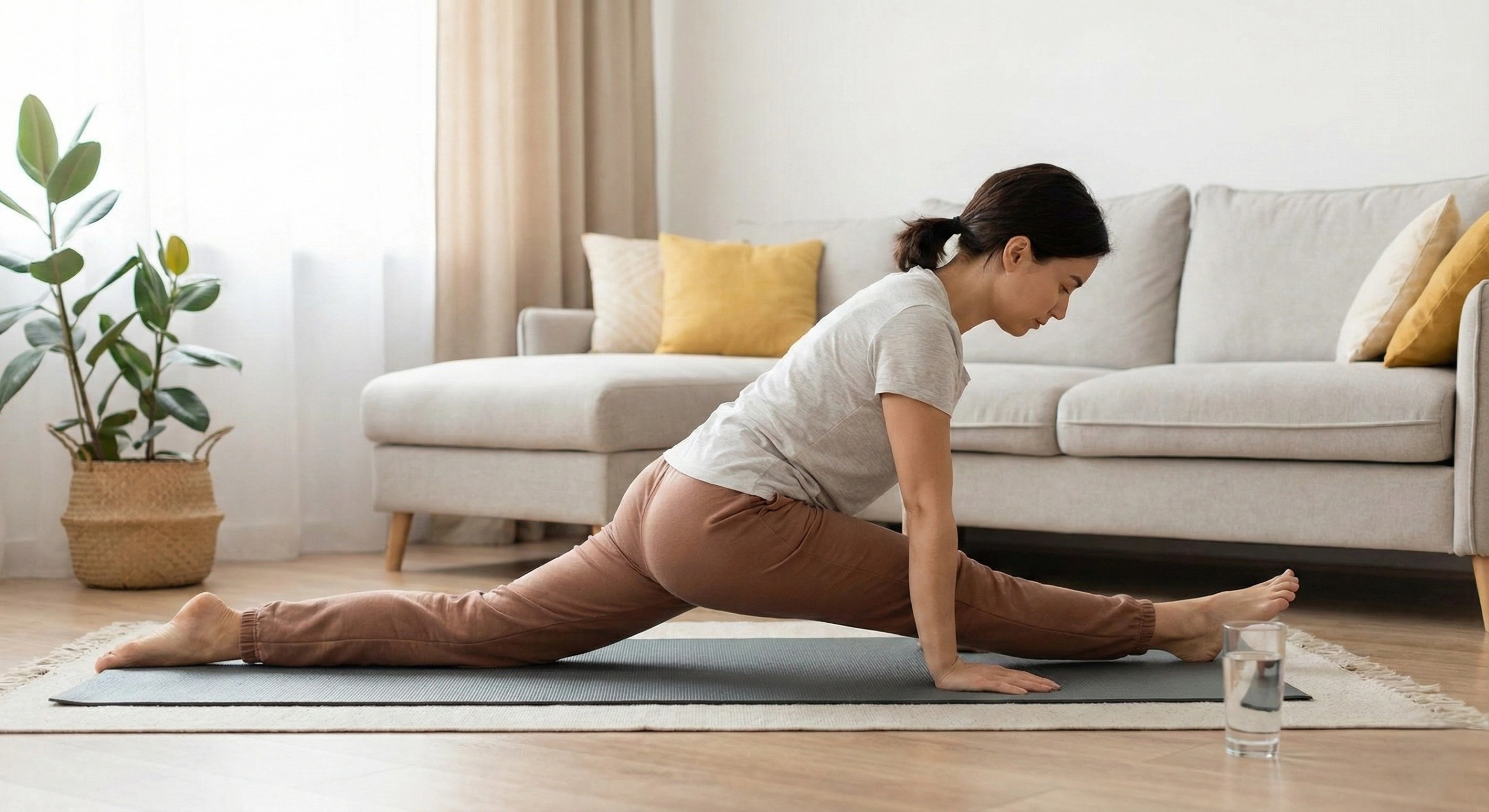 A person doing a yoga pose on a mat at home to boost endorphins and reduce stress.