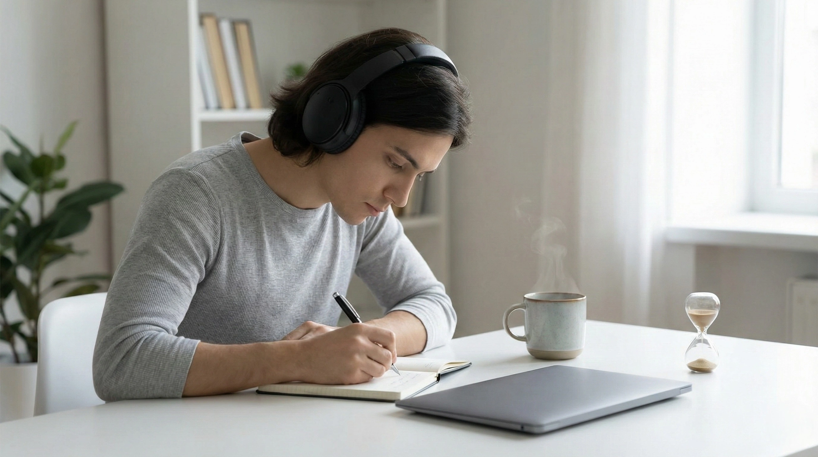Clean workspace featuring a laptop screen displaying the bold title