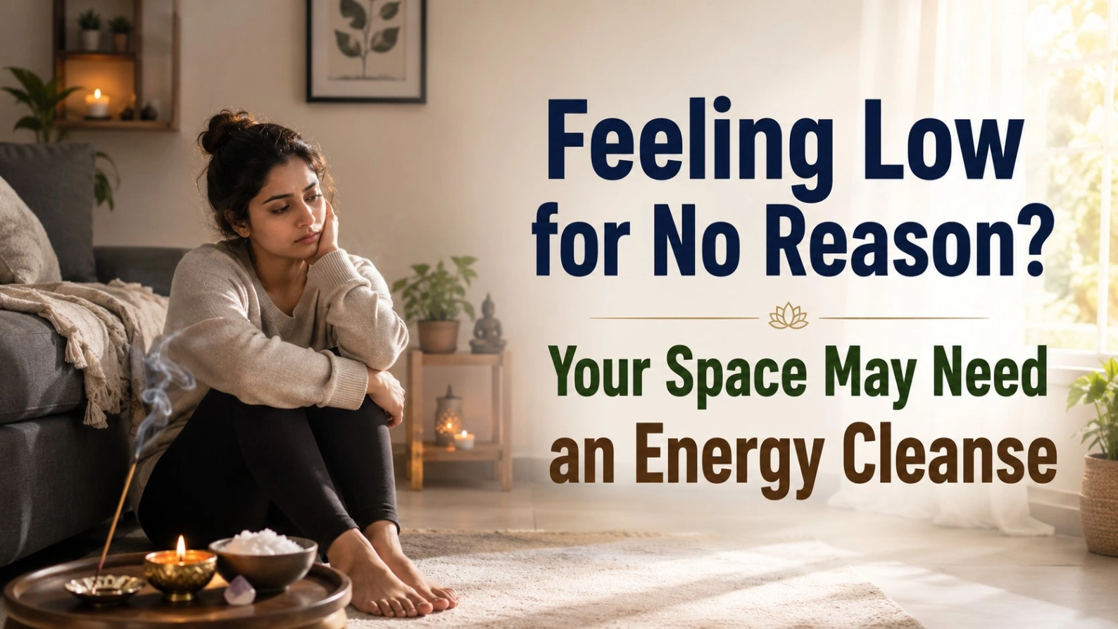 Woman feeling low in a peaceful living room with incense, candle and salt bowl during a home energy cleanse to remove negative energy.