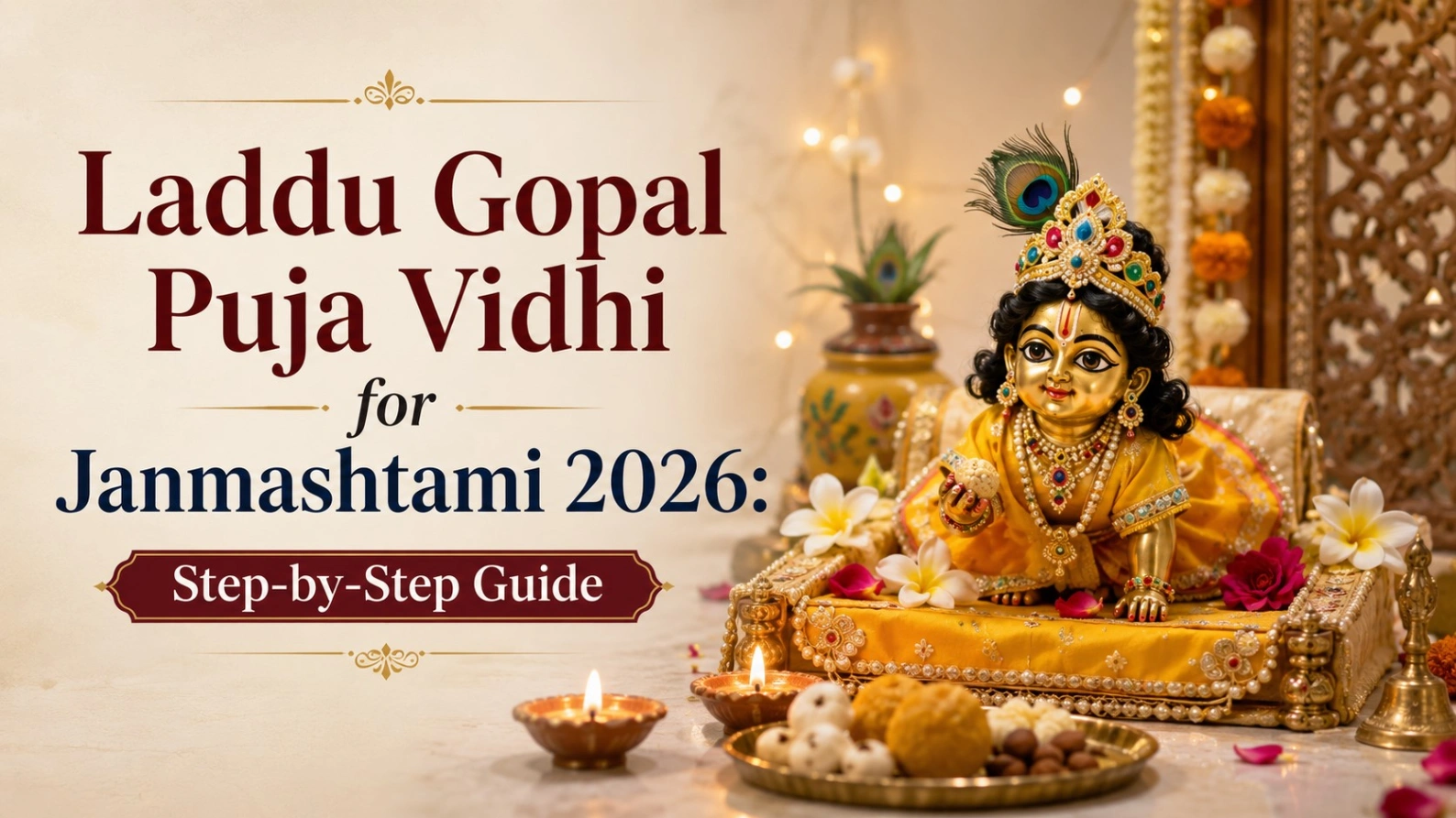Laddu Gopal idol decorated for Janmashtami 2026 with flowers, diyas, bhog and festive puja setup, featuring the title “Laddu Gopal Puja Vidhi for Janmashtami 2026: Step-by-Step Guide.”