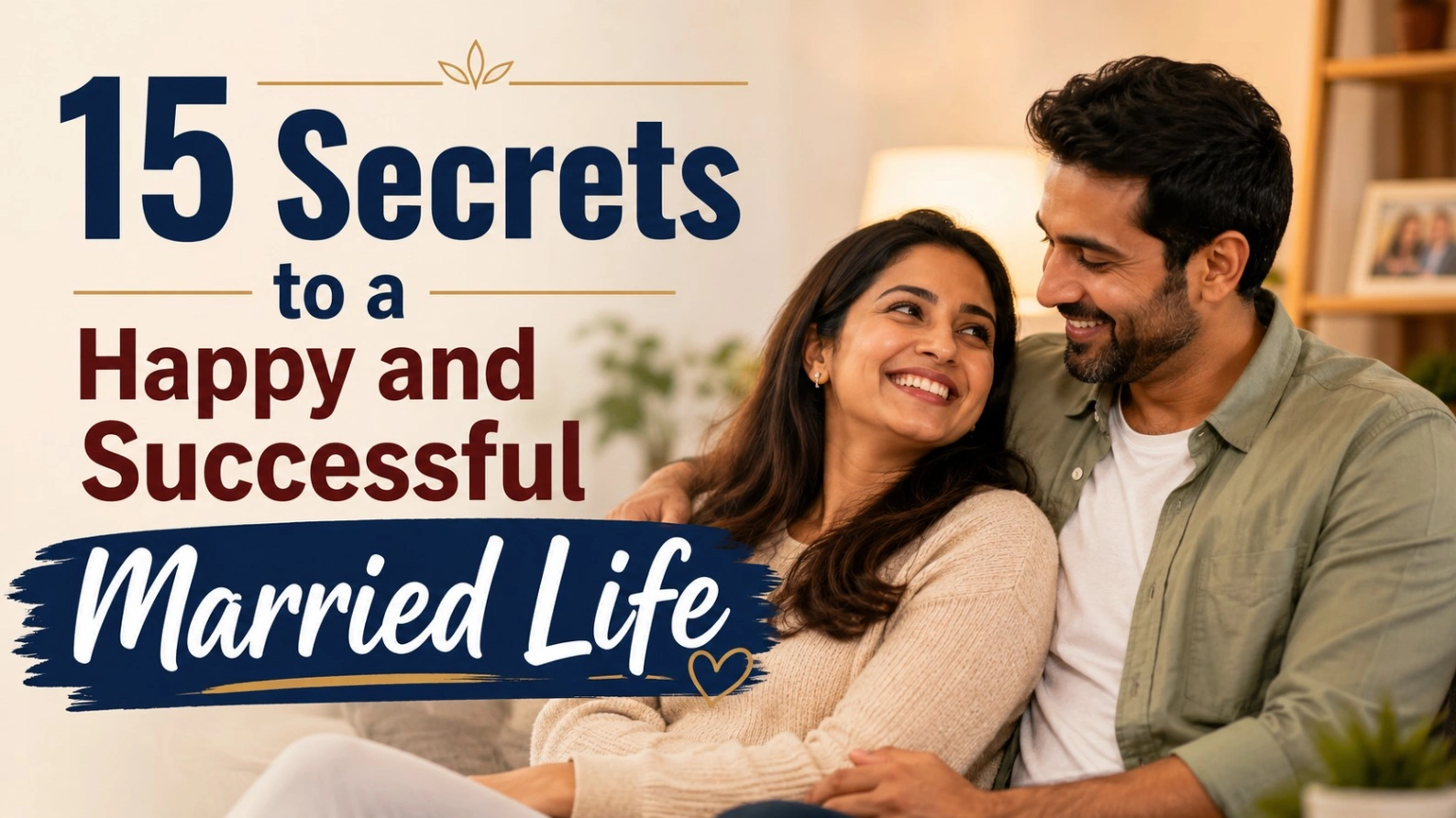 Happy married couple smiling together at home with the text “15 Secrets to a Happy and Successful Married Life.”