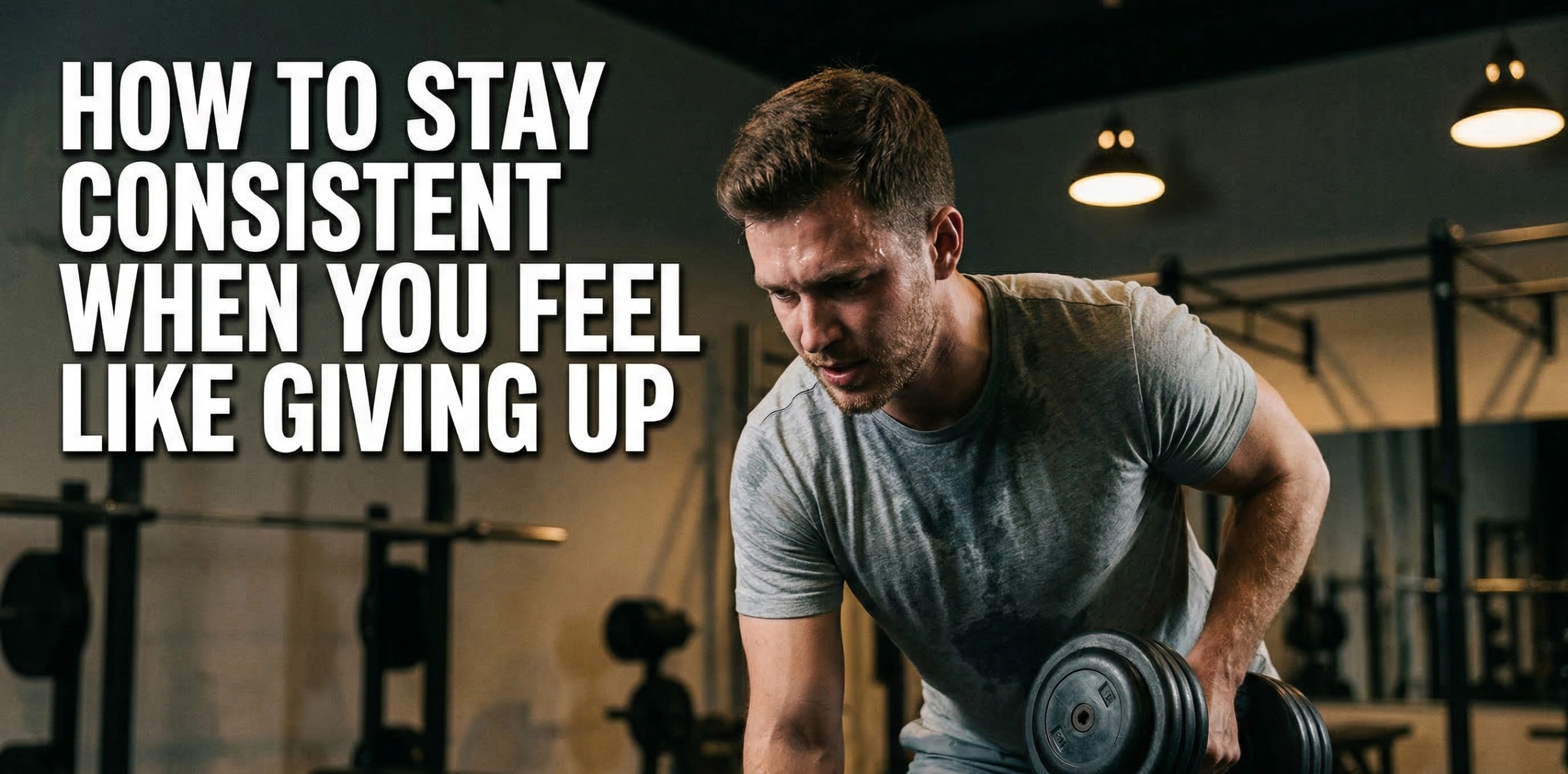 A determined, sweating man lifting a dumbbell in a dimly lit gym, with bold white text overlaid that reads: 