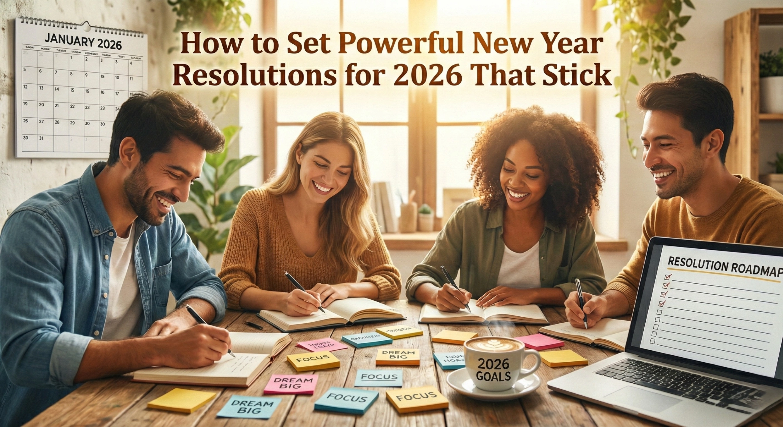 A cheerful, diverse group of friends sitting at a sunlit table writing in journals and planning goals. The scene includes a laptop, sticky notes, and a wall calendar showing January 2026. Large, bold text at the top reads: 