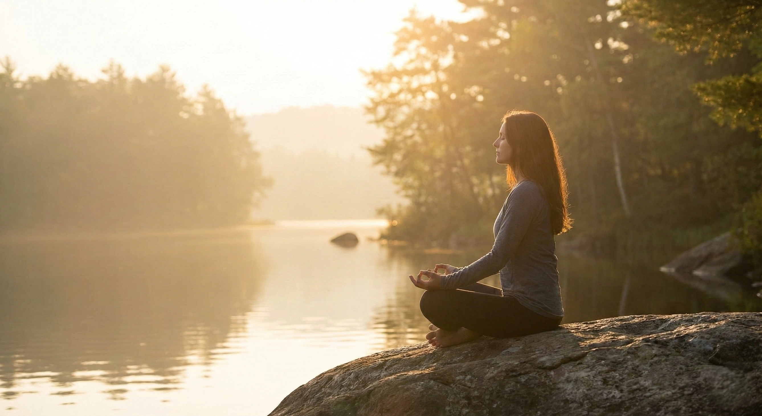 A person in deep meditation by a calm lake at sunrise, representing the clarity achieved after the challenge.