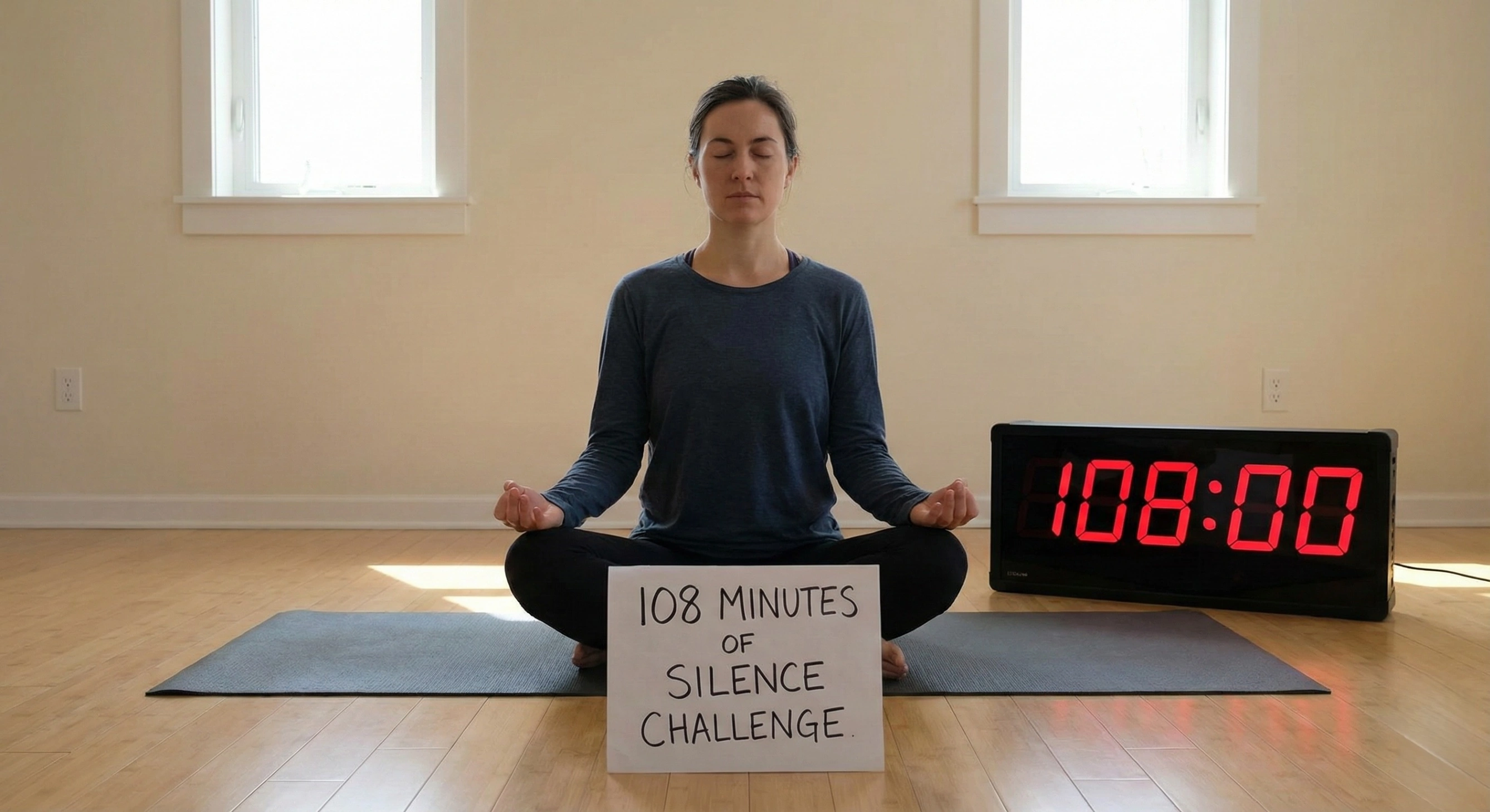 A person sitting in meditation with a large digital timer displaying 108 minutes, ready for the challenge.