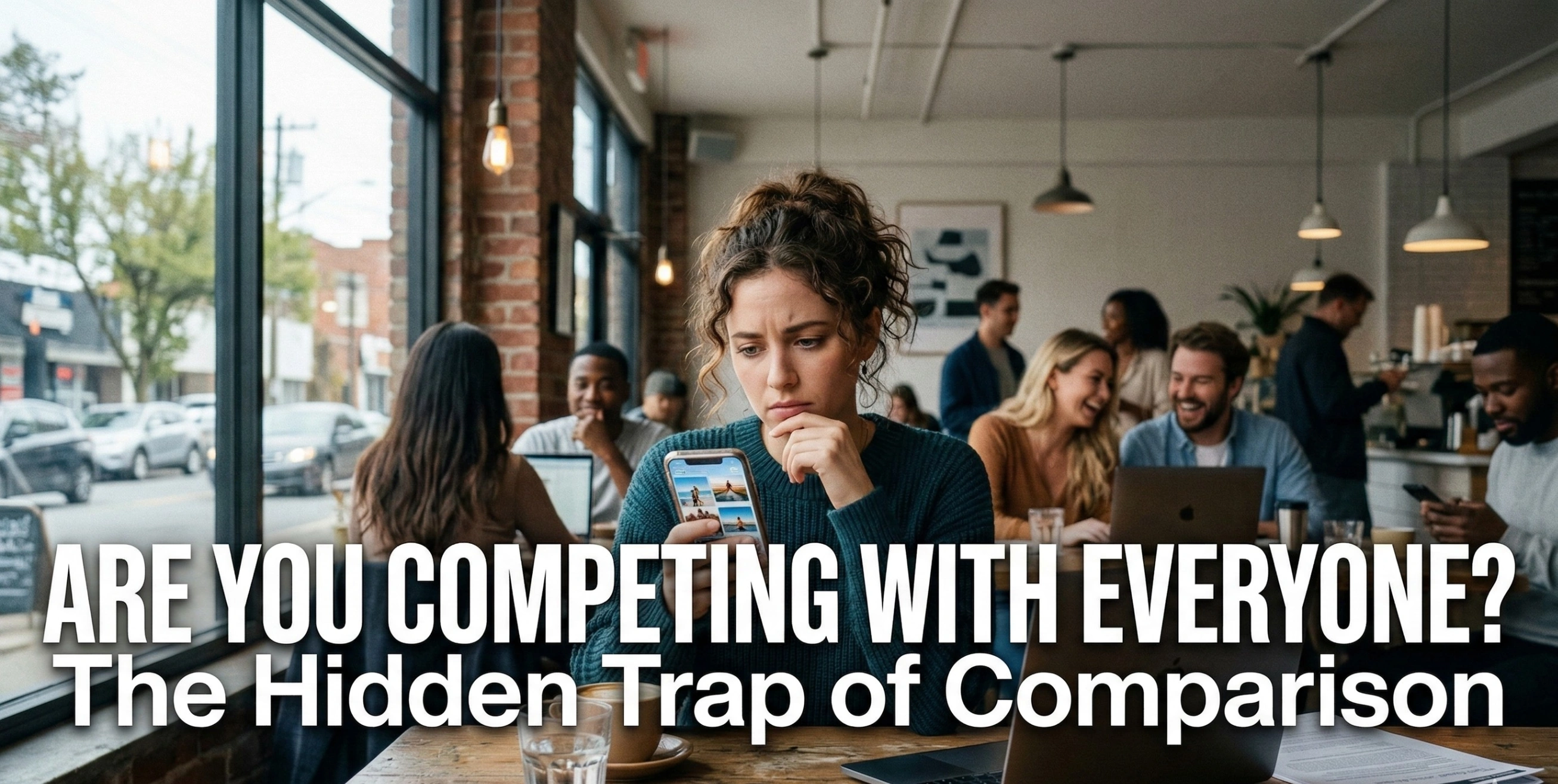 A young woman sitting in a bustling cafe looks anxiously at her smartphone while people around her socialize and work happily. Bold white text overlaid at the bottom reads,