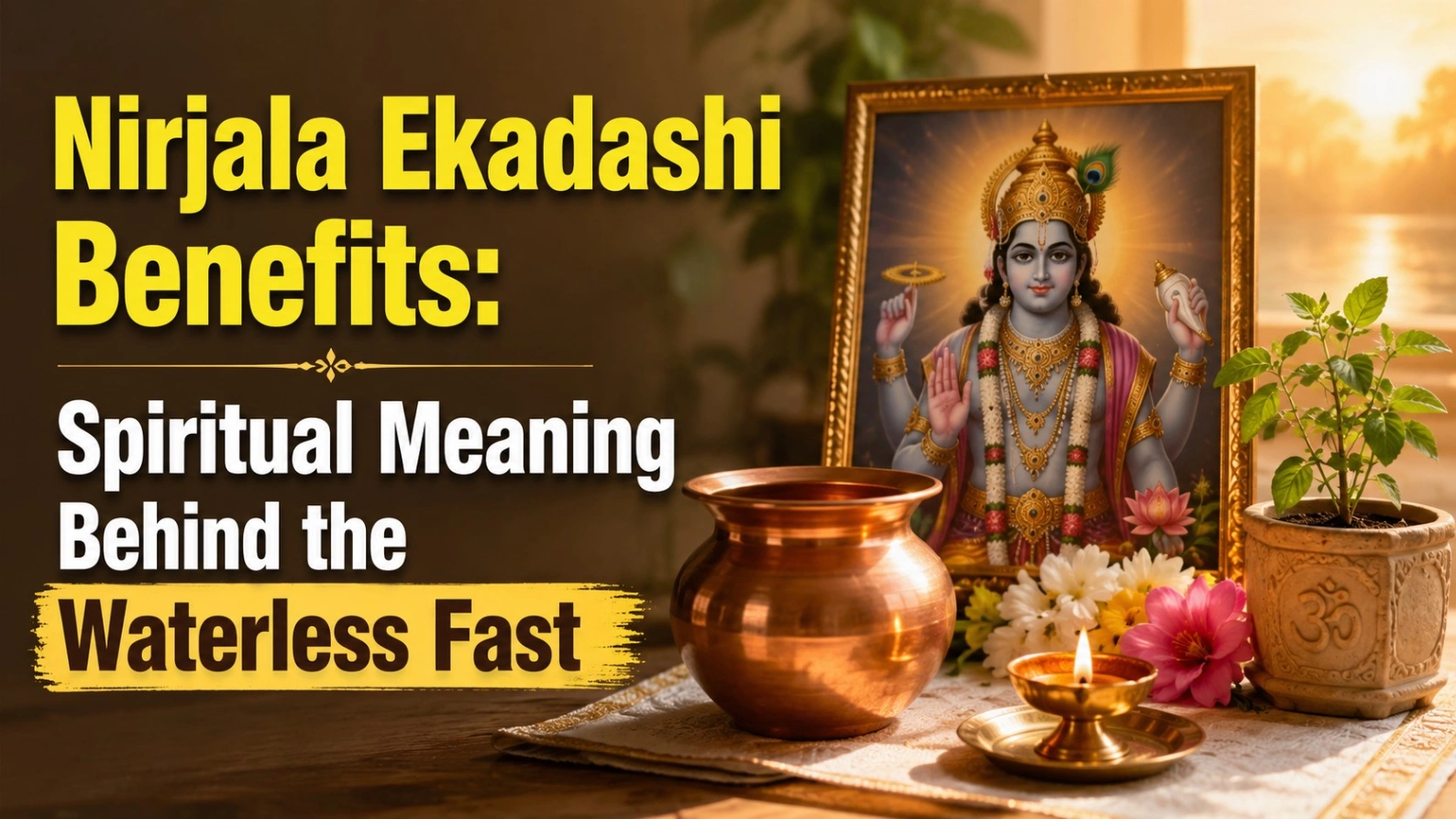 Nirjala Ekadashi benefits blog banner featuring Lord Vishnu, a diya, tulsi plant, flowers and a copper vessel, with bold text about the spiritual meaning of the waterless fast.