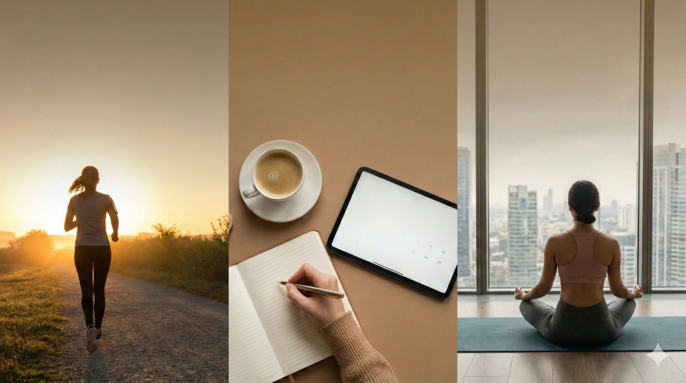 A collage of healthy lifestyle habits featuring a runner on a trail during golden hour, a flat-lay view of someone planning goals in a notebook with coffee and a digital calendar, and a person practicing yoga mindfulness in a high-rise apartment.