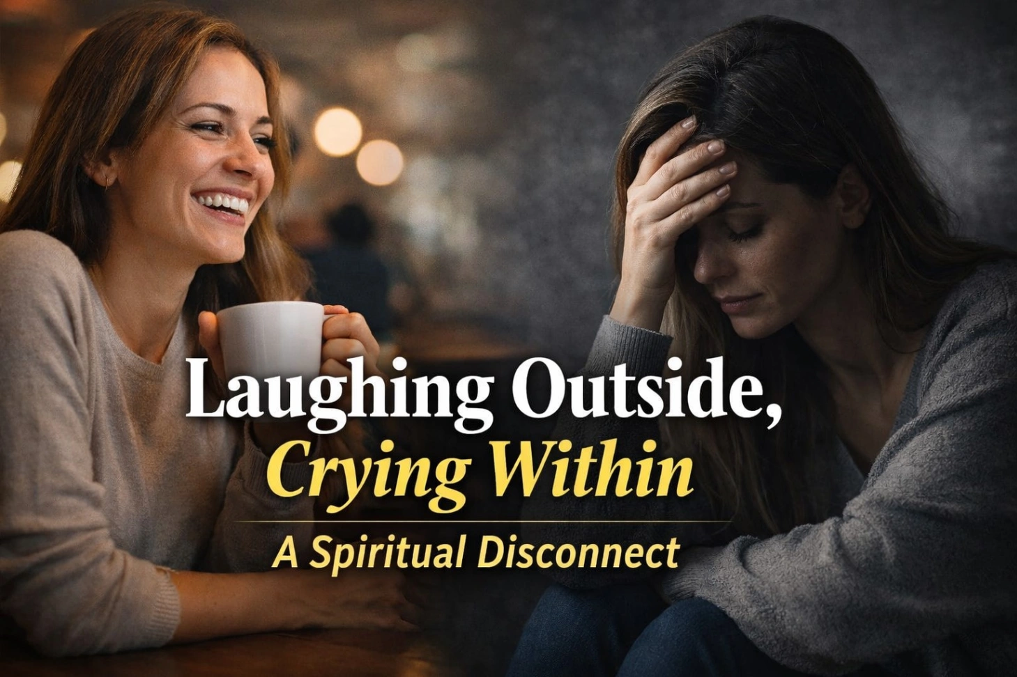 A realistic and minimal 16:9 image showing a person smiling outwardly while sitting alone in dim light, with a subtle contrast of sadness reflected in their posture and surroundings. The background has a soft, spiritual tone with muted colors, symbolizing inner emptiness and emotional disconnect. Bold title text reads: “Laughing Outside, Crying Within: A Spiritual Disconnect.”