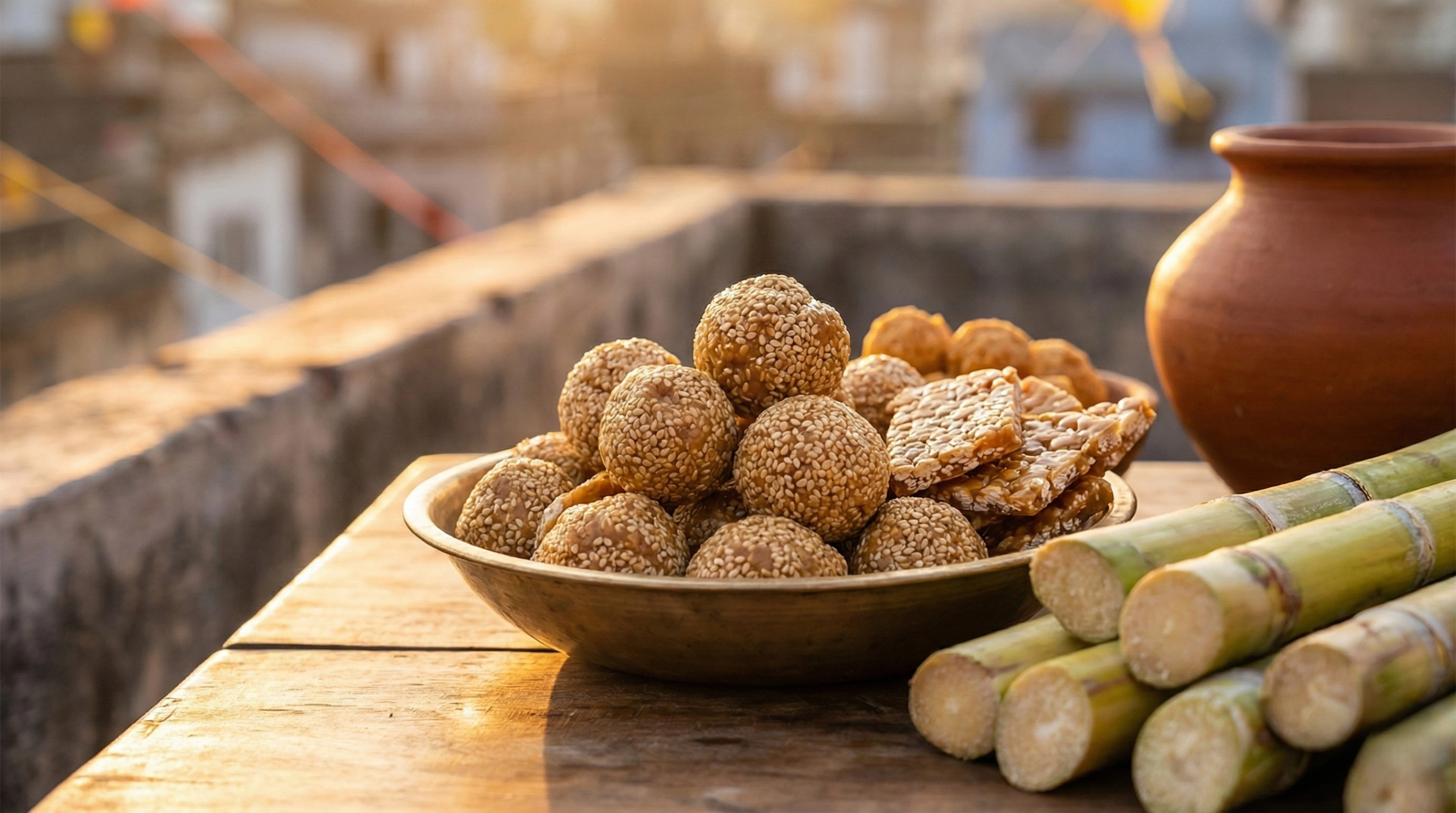 Close-up photograph of traditional Makar Sankranti sweets, including til-gul laddoos in a brass bowl and cut sugarcane stalks, on a wooden table on a sunlit rooftop.