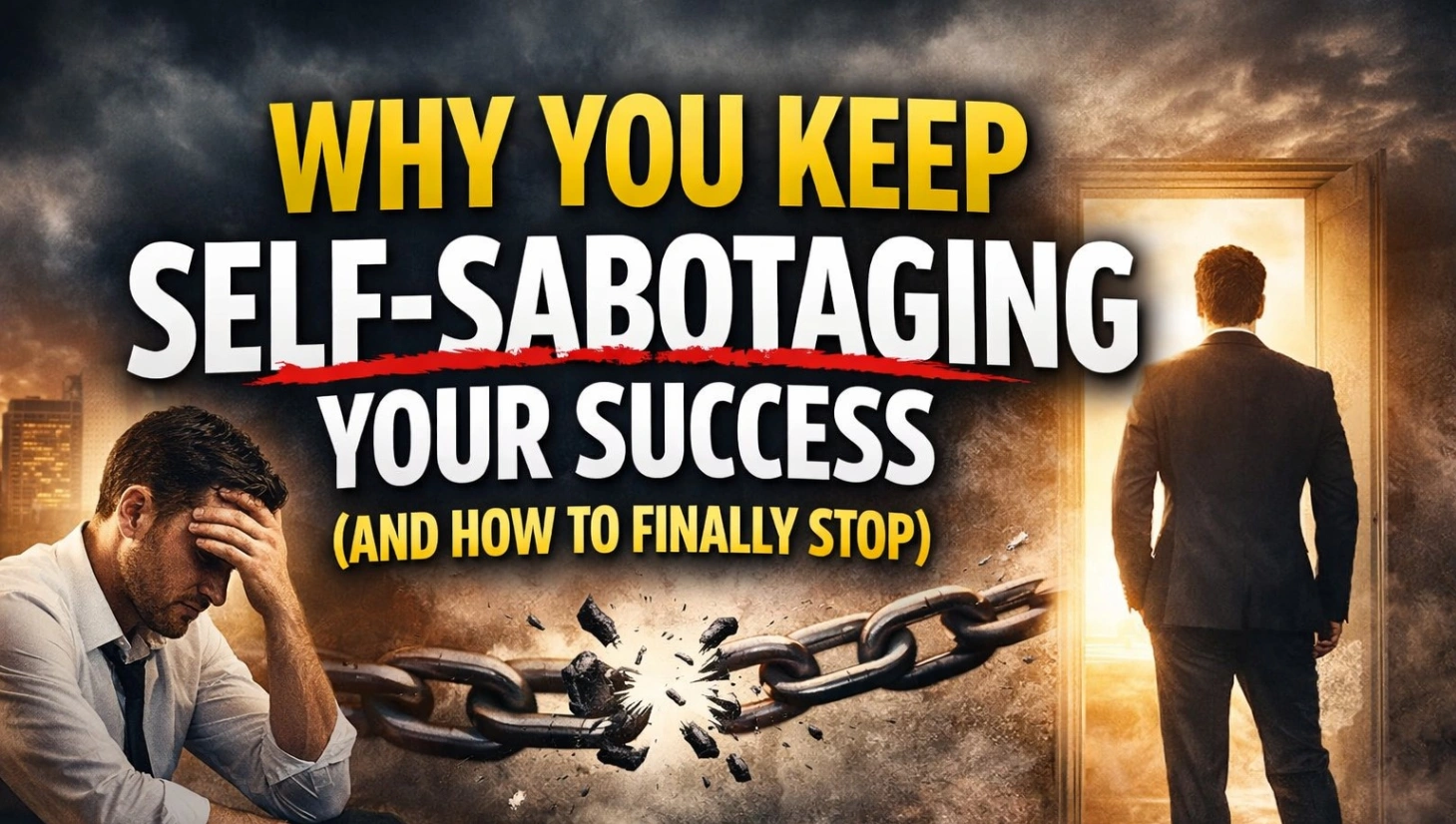 Bold 16:9 thumbnail showing a stressed man holding his head on one side and a confident man walking toward a bright door on the other, symbolizing breaking self-sabotage, with large yellow and white text reading “Why You Keep Self-Sabotaging Your Success (And How to Finally Stop)” and a broken chain in the center.