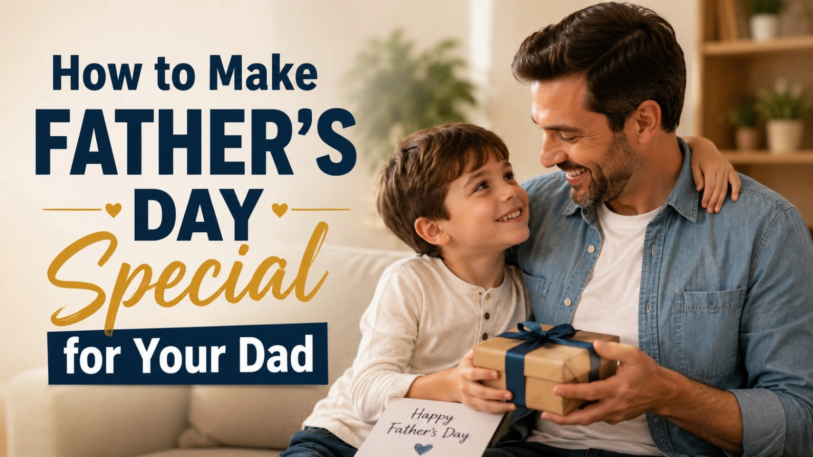 Father and son smiling together on Father’s Day, holding a gift and greeting card, with bold title text “How to Make Father’s Day Special for Your Dad.”