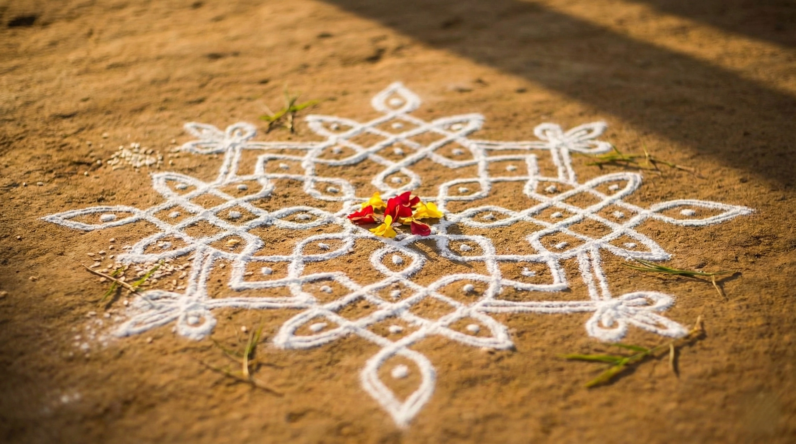 A detailed close-up of a traditional white Kolam geometric pattern drawn with rice flour on an earthy ground, decorated with fresh yellow and red flower petals and illuminated by warm sunlight