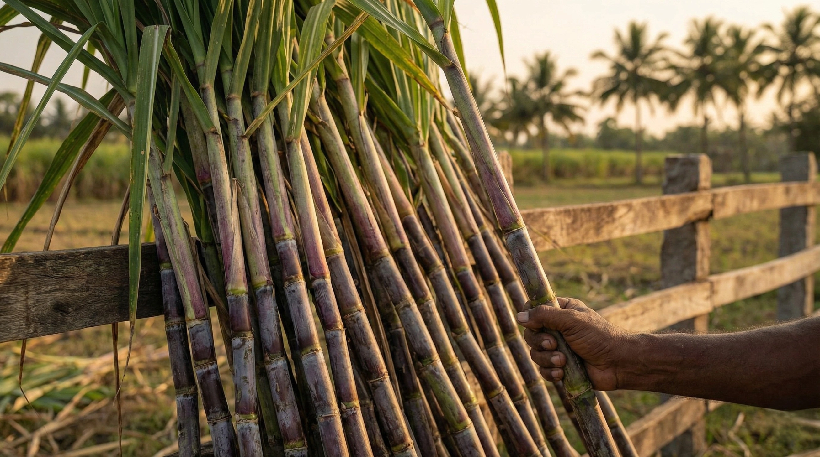 A bundle of thick, purple and green sugarcane stalks leaning against a rustic wooden fence in a farm setting, highlighting the agricultural harvest aspect of the festival.