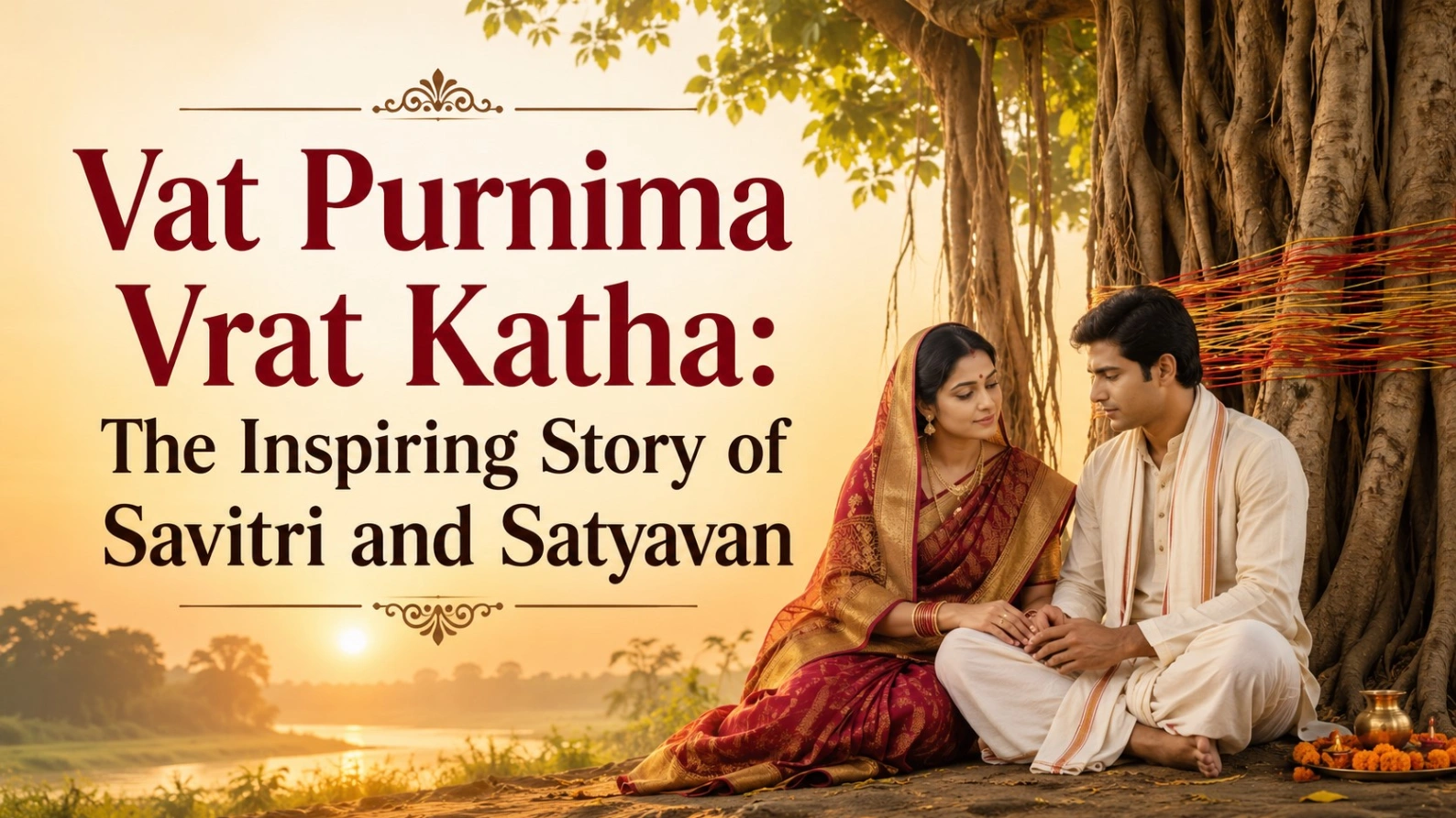 Vat Purnima Vrat Katha banner featuring Savitri and Satyavan seated beneath a sacred banyan tree during a traditional puja.
