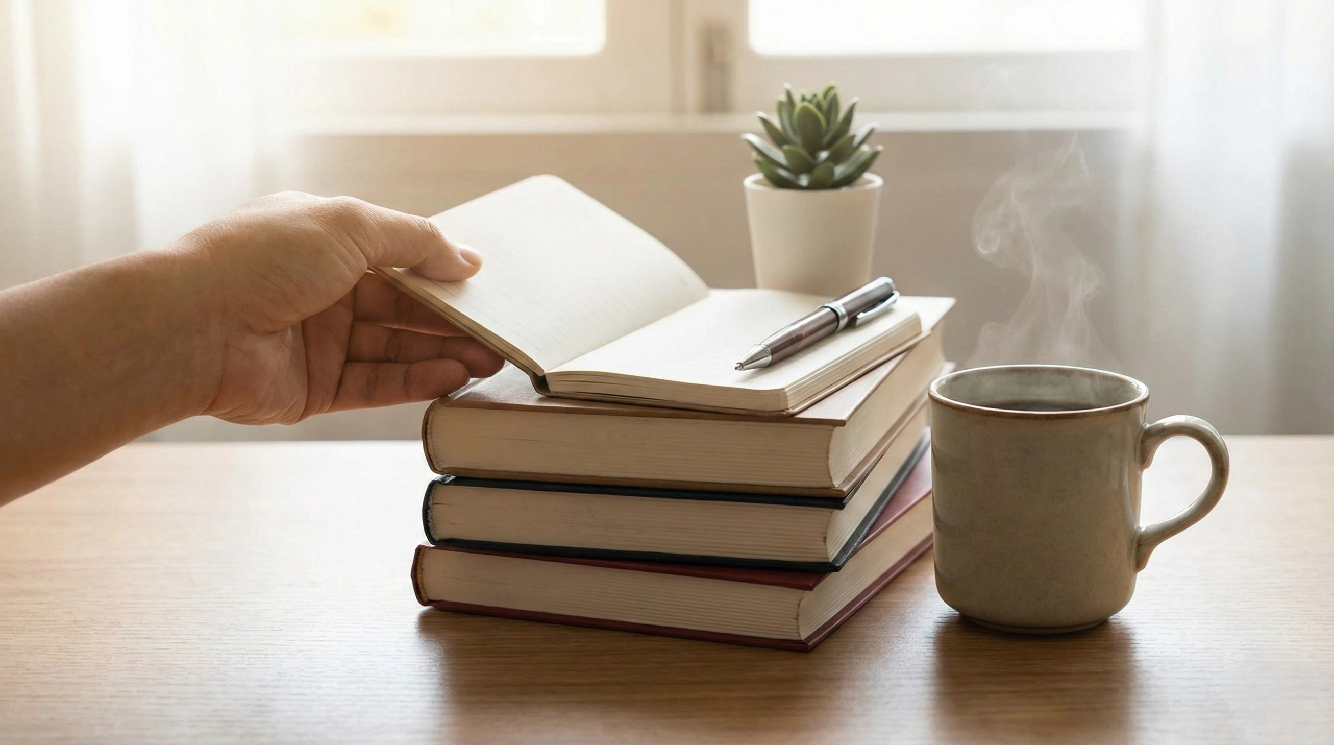 A close-up of a hand placing a journal on a stack of books next to a steaming cup of coffee, illustrating the
